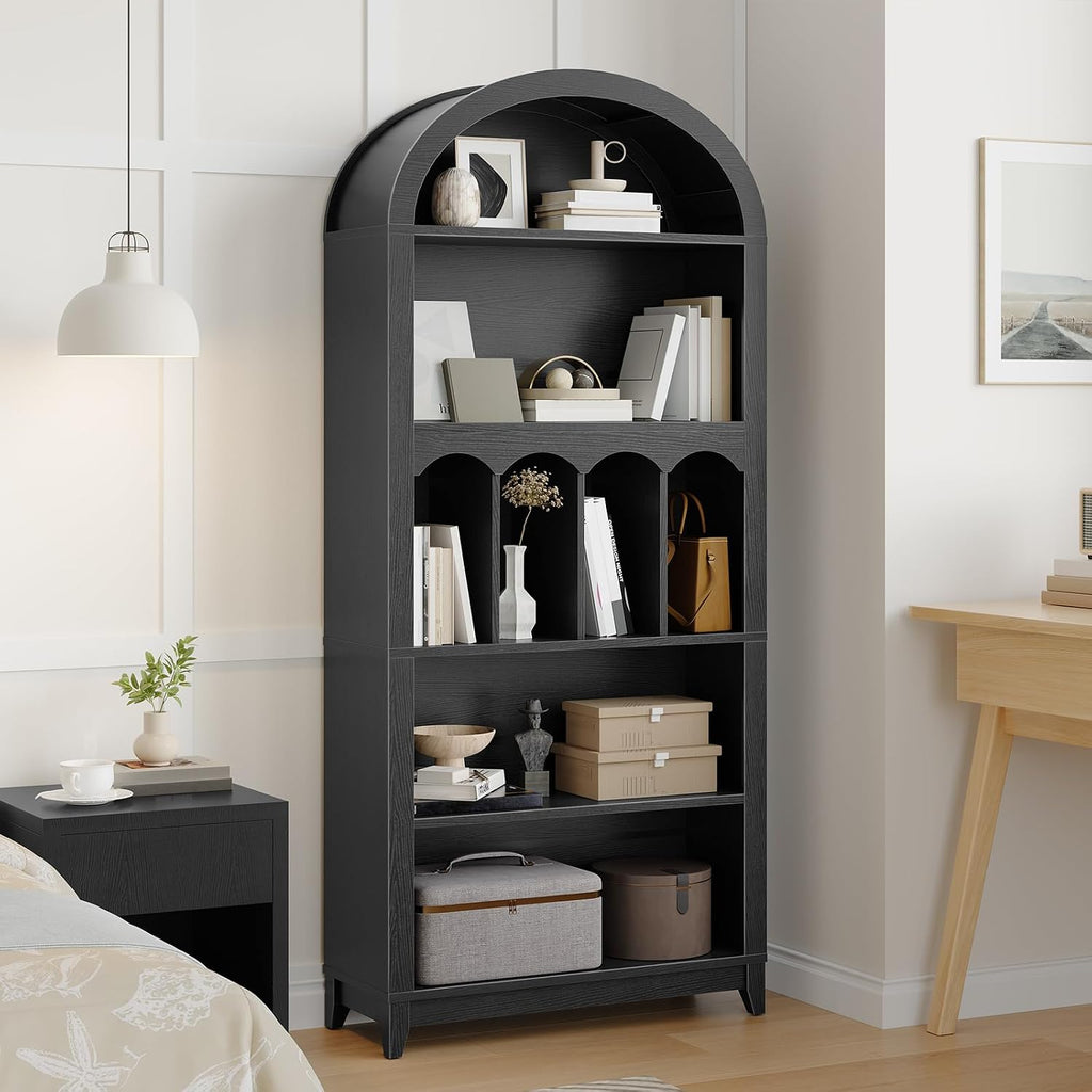 HOOBRO Arched Bookshelf, 70.9' Tall Arch Bookcase with Storage, 5-Tier Farmhouse Book Shelf, Modern Arched Cabinet, Wooden Bookshelf with Open Display Shelves for Living Room, Office, Black BK53SJ01