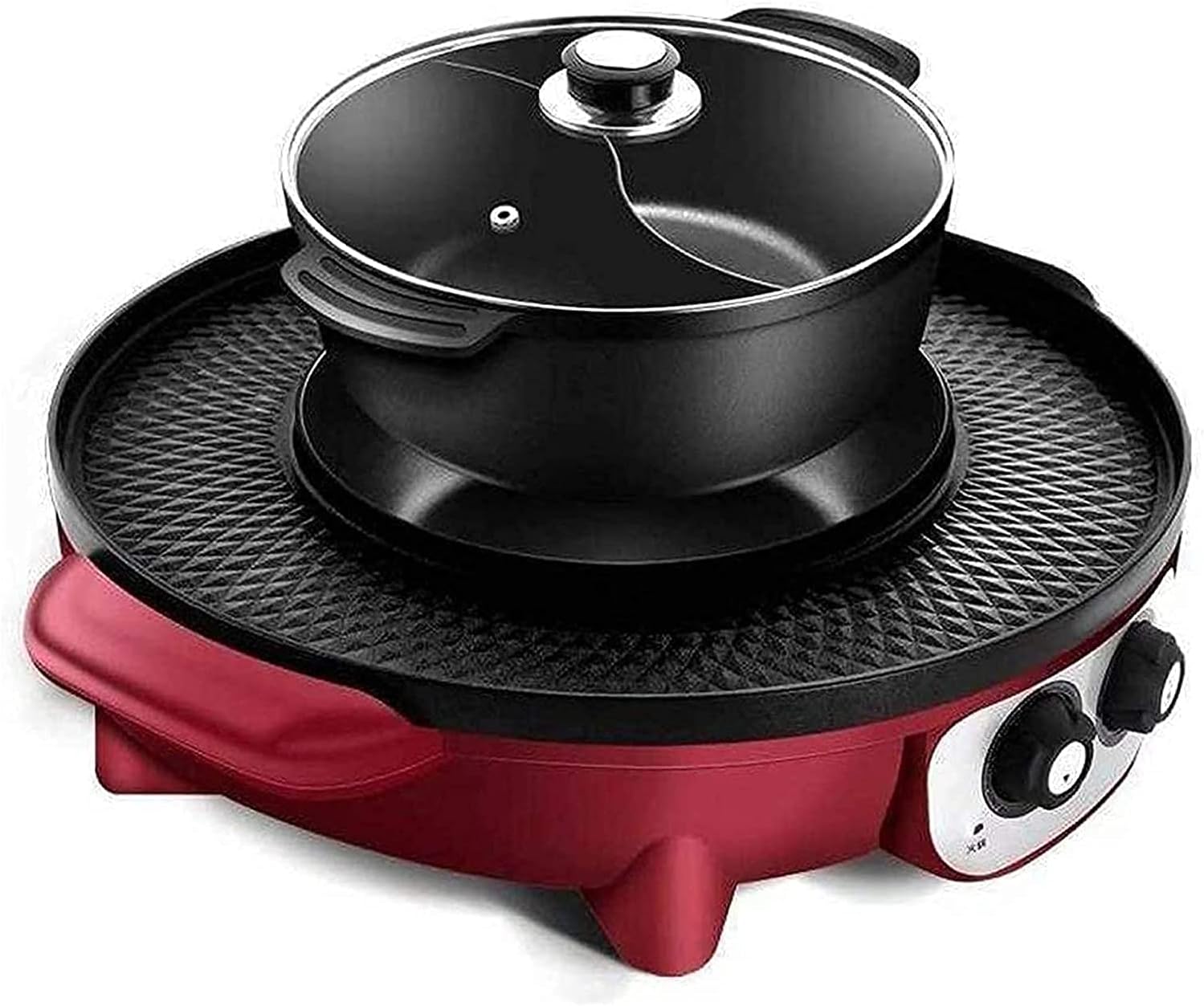 Korean BBQ Grill Smokefree Electric Grill,2200W Large Capacity 2 in 1 Electric Barbecue Grill Indoor Hot Pot with divider, Household Non-Stick Pan with 5 Temperature Adjust (Color : Red)