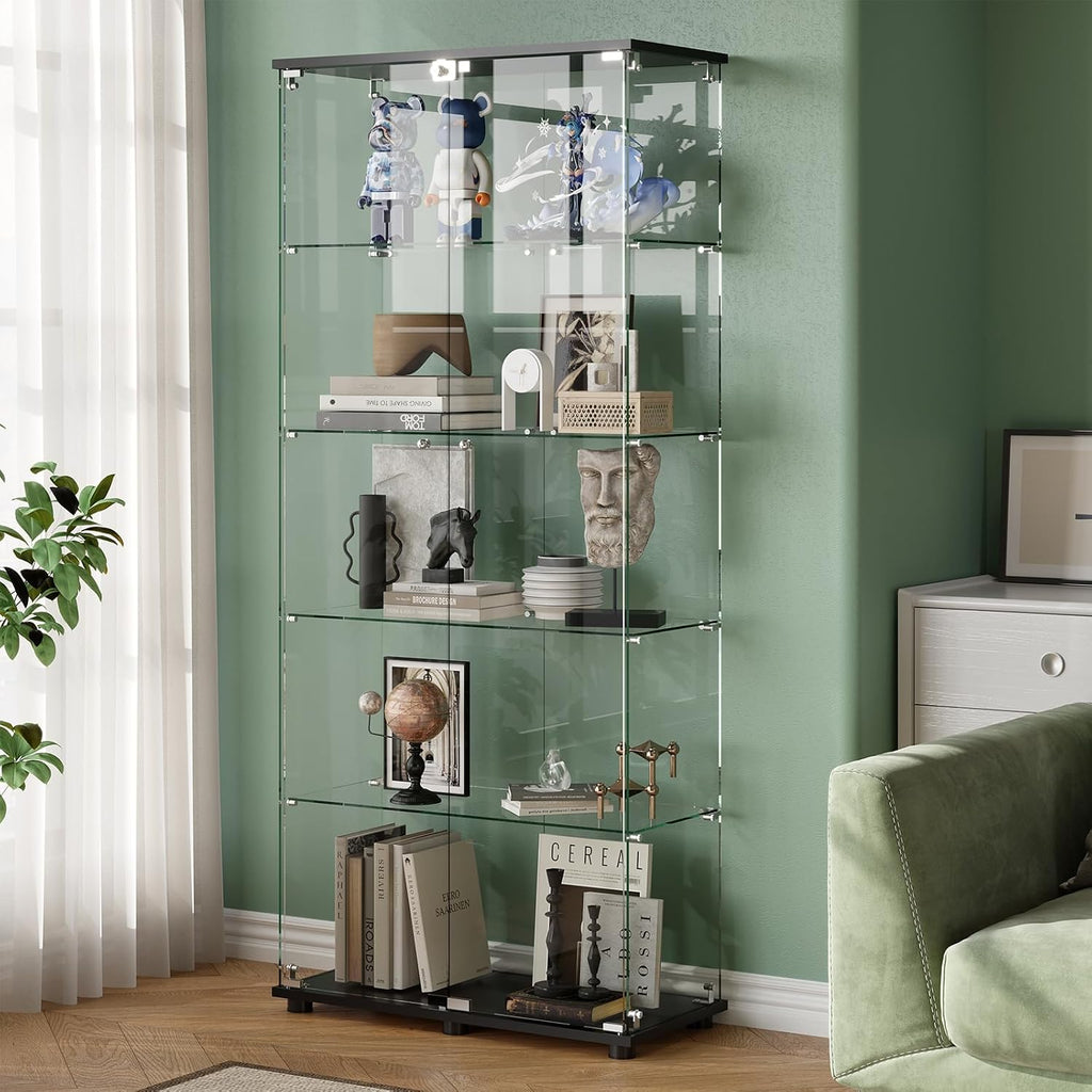 Glass Display Cabinet with 5-Shelf Double Doors and Lock, 5mm Tempered Glass Floor Standing Bookshelf for Living Room, Bedroom, Office, 72 x 32 x 14 in, Black
