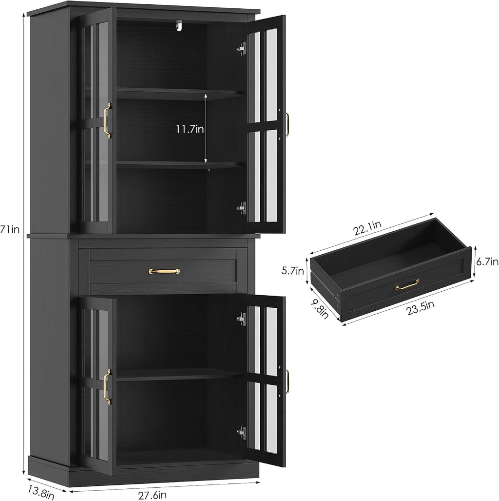 FOTOSOK 71'' Tall Kitchen Cabinet with Glass Doors and Drawer, Freestanding Food Pantry with Adjustable Shelves for Dining Living Room, Black