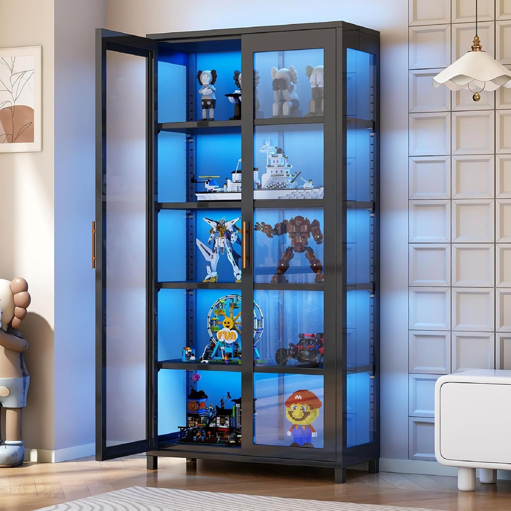 Glass Display Cabinet, 5-Tier Curio Cabinet with Glass Doors, Metal Display Case with Adjustable Shelves, Display Cabinet for Collectibles & Toy Organizer for Home, Office, Playroom, Living Room