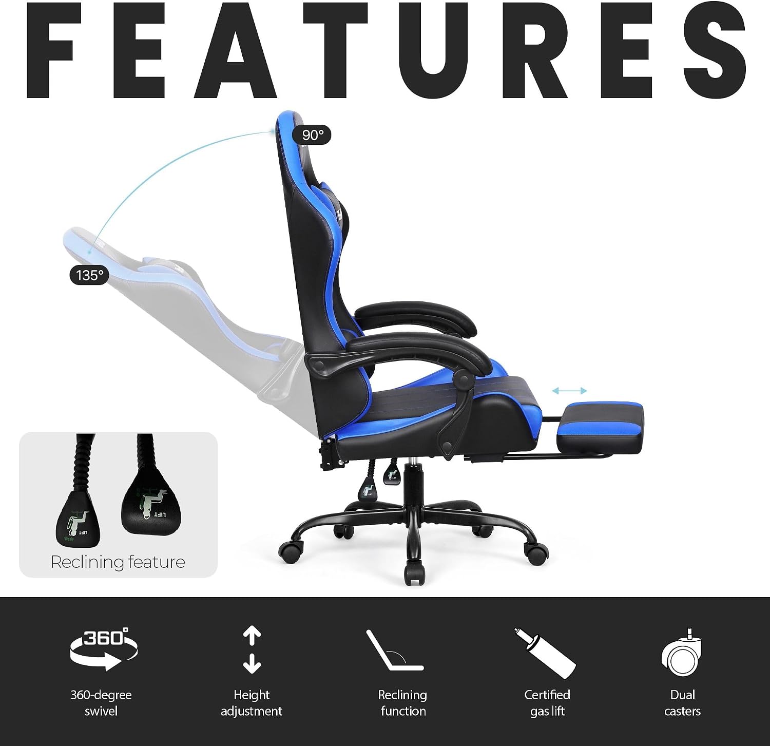N-GEN GAMING Video Gaming Chair with Footrest Lumbar Support for Home Office High Back Recliner Height Adjustable Ergonomic Comfy Leather Computer Desk Chair (Blue)