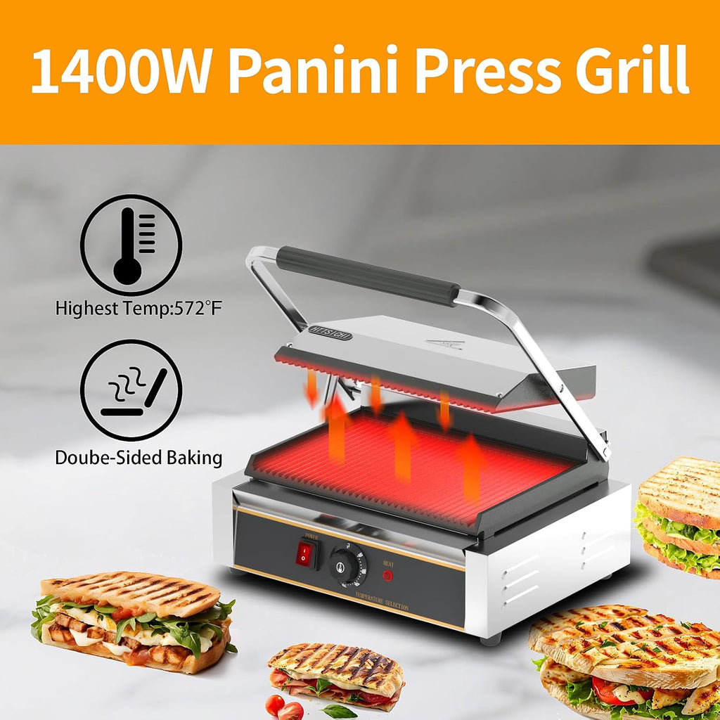 Commercial Panini Press - 2200W Commercial Electric Panini Sandwich Grill w/Nonstick Coating & Adjustable Temp, Panini Grill Press w/ 14'x9' Cooking Pan, Double-sided Heating