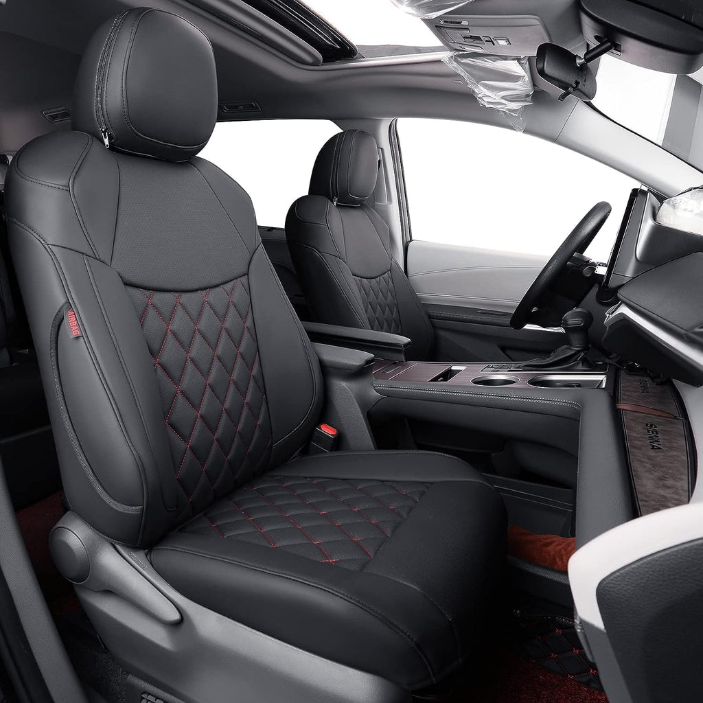coverdream Sienna Leather Car Seat Covers Custom Fit for 2011-2020 Toyota Sienna LE,XLE,Limited,L,XLE Premium,Limited Premium,7-Seater,Full Coverage Car Seat Protector(Full Set,Black/Red Line)