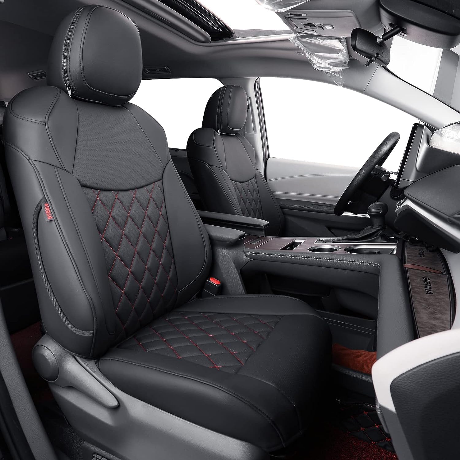 coverdream Sienna Leather Car Seat Covers Custom Fit for 2011-2020 Toyota Sienna LE,XLE,Limited,L,XLE Premium,Limited Premium,7-Seater,Full Coverage Car Seat Protector(Full Set,Black/Red Line)