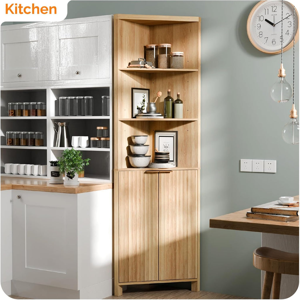 VINGLI 68' Tall Corner Cabinet with Fluted Doors,Corner Bathroom Storage Cabinet Pantry Hutch Display Shelves Adjustable for Kitchen, Living Room Modern Space Saver Shelf Bathroom Furniture,Oak