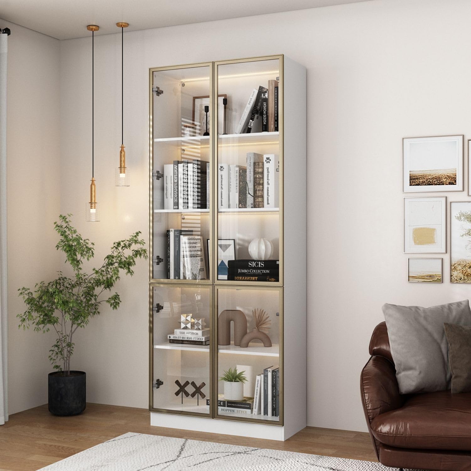 Display Cabinet with 4 Glass Doors and Lights, 5-Tier Shelves & Pop-up Design, Display Cabinet for Collectibles, Display Case White and Champagne Gold (31.5'W x 14.2'D x 78.7'H)
