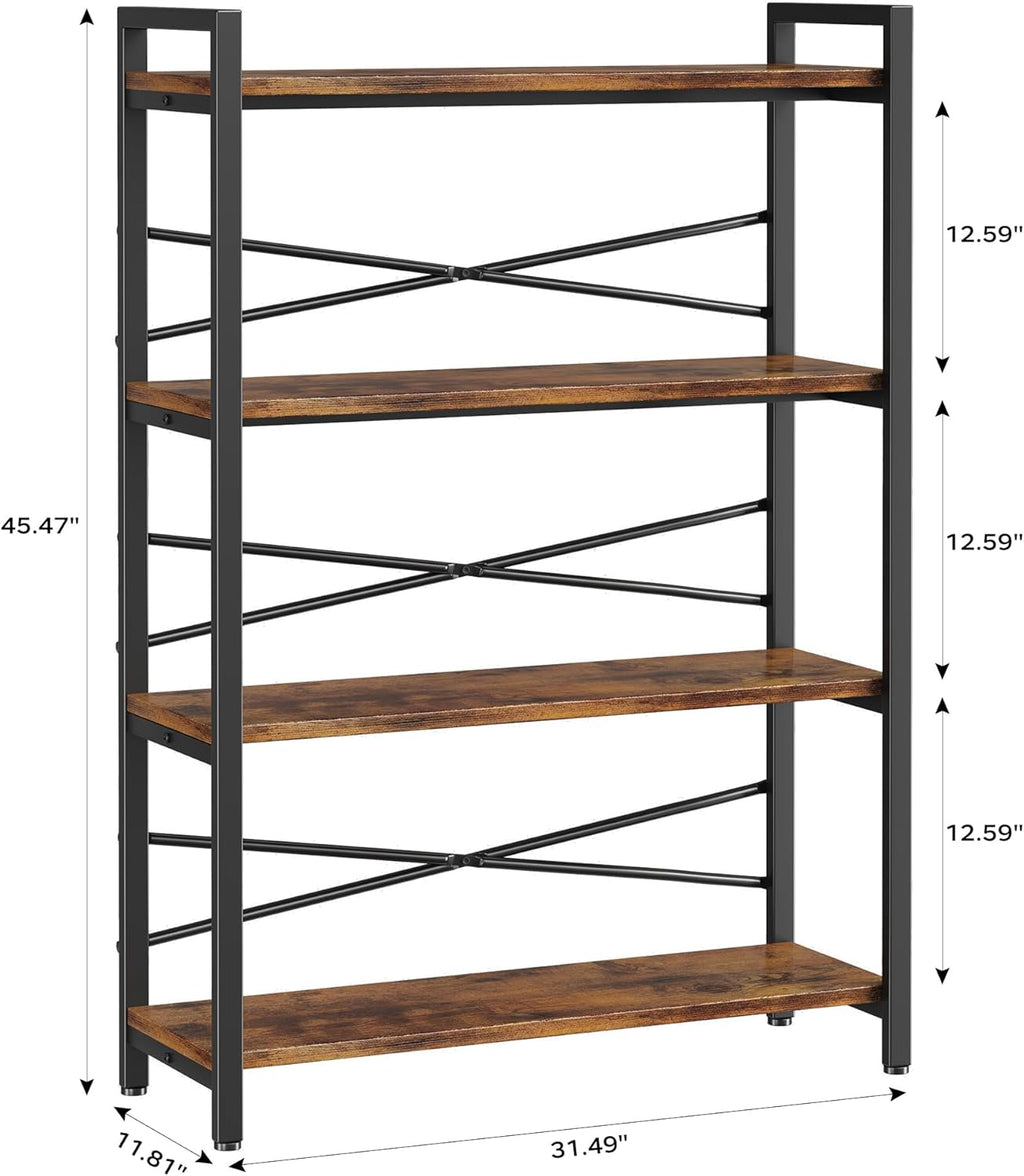 4 Tier Bookshelf 31.49' Width, Book Organizers and Storage, Wood and Metal Tall Bookcase, Rustic Book Shelf Organization and Storage for Home Living Room Bedroom Office Storage(Rustic Brown)