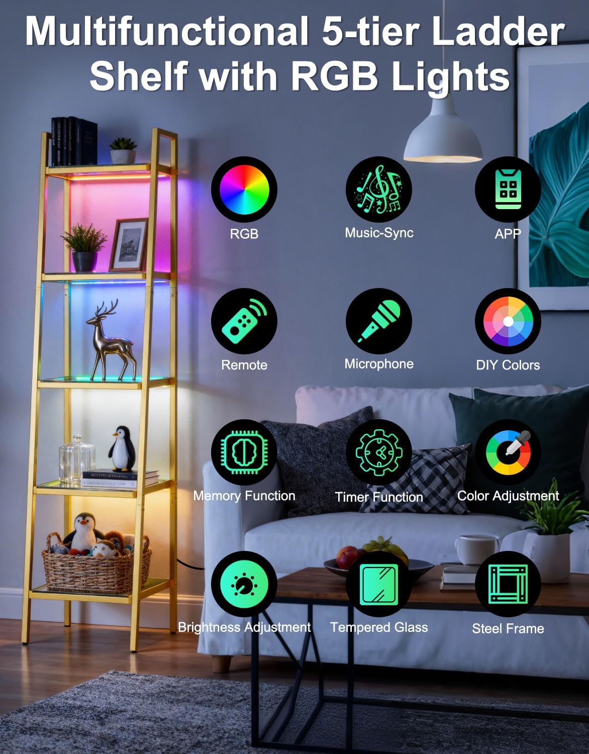 5-Tier Glass Display Shelf with RGB Light, 67' Ladder Bookshelf, Music Sync & 3 CCT, Dimmable App/Remote, Modern Freestanding Corner Storage Rack, Metal Organizer for Living Room Home Office, Gold