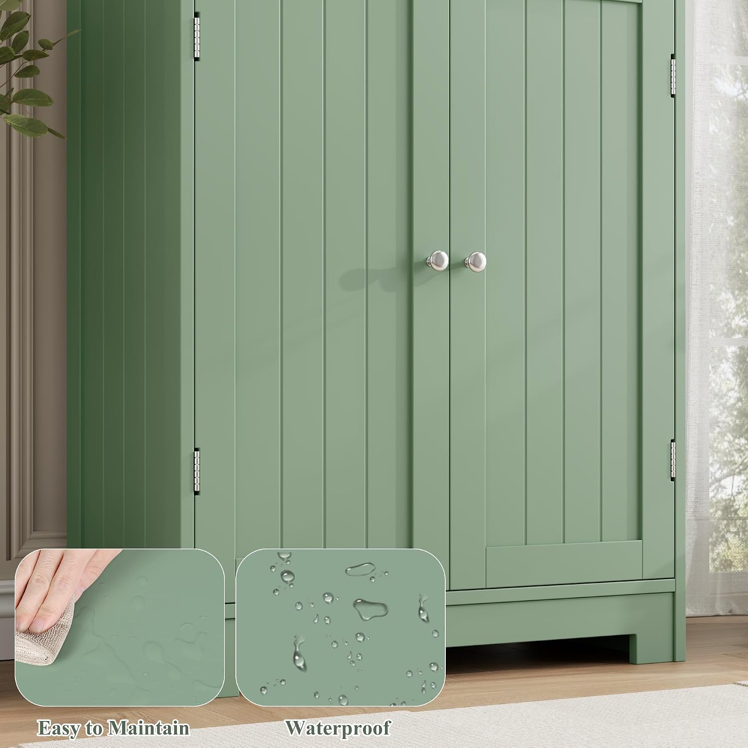 HORSTORS 67' Tall Bathroom Storage Cabinet, Freestanding Storage Cabinet with Glass Door and Shelves, Kitchen Pantry Linen Cabinet with 2 Drawers for Bathroom, Living Room, Dining Room, Green
