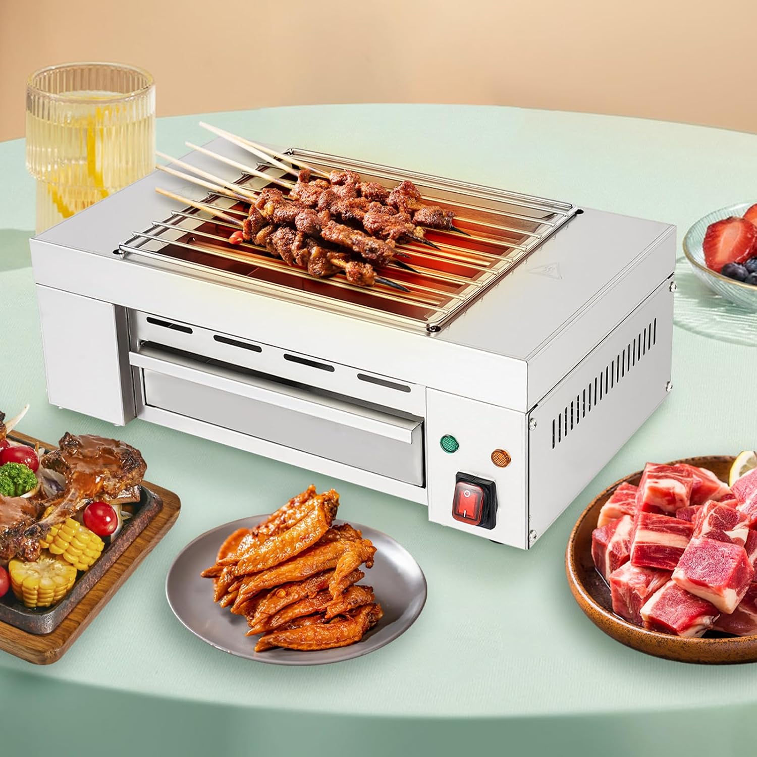 Electric Grill, 1500W Smokeless Indoor Grill Commercial Stainless Steel Grill Adjustable Temperature Control Electric Grill with Detachable Grill Mesh for BBQ Camping Picnics Barbecue