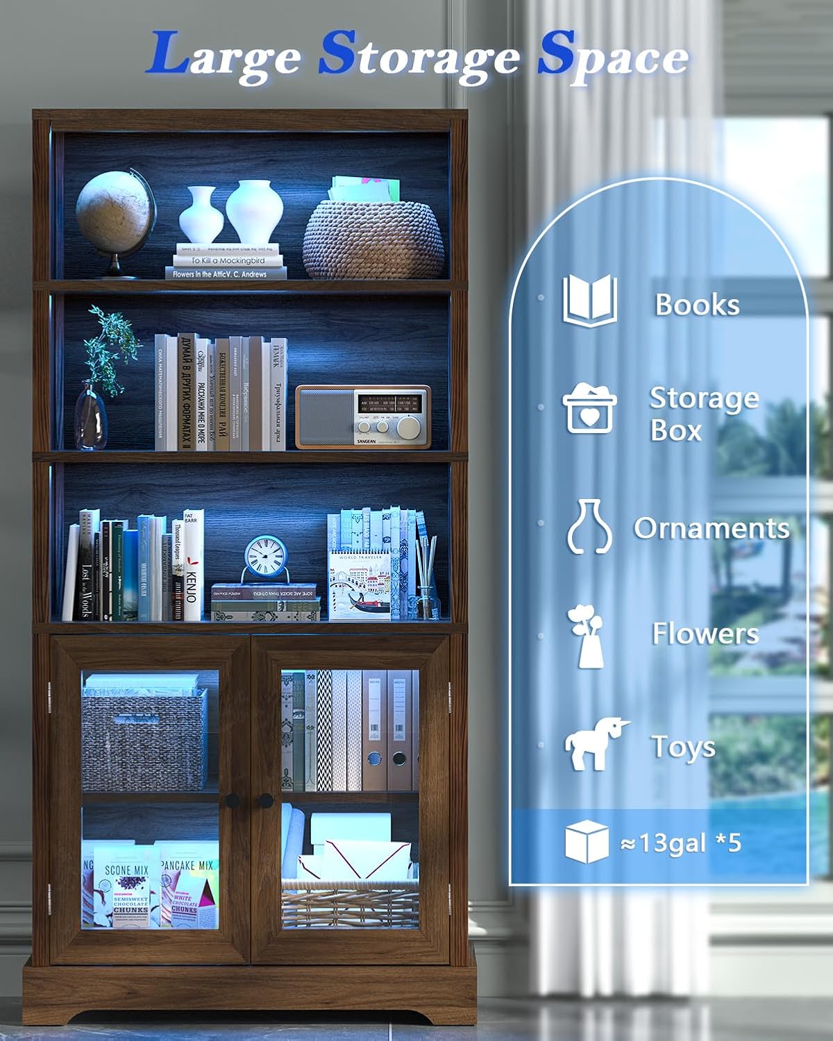 TVU 5-Tier Bookshelf, 65' Bookshelf with Multi-Color Ambient Lights (APP Remote Control), Tall Display Shelf with Cabinet Doors, Suitable for Living Room, Bedroom, Study, Office, Rustic Brown