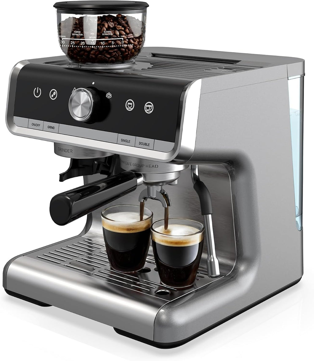 Garvee 12 Inch Espresso Machine, 20 Bar Professional Coffee Maker with Grinder for Home, Coffee Machine with High Power Milk Frother, Digital LCD, Stainless Steel (Single/Double Brew)