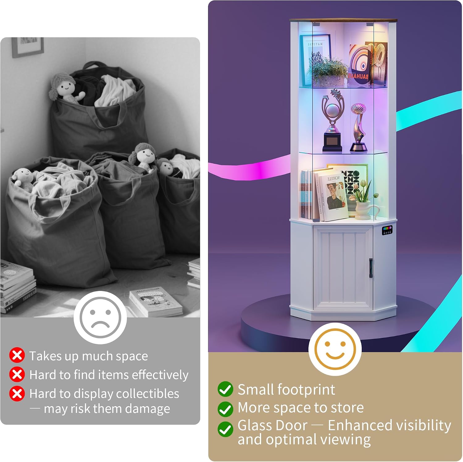 HNEBC 69' Tall Curio Display Cabinet with Glass Door and Movable Shelves,Corner Bookcase with LED Human Sensor Lights,5-Tier RGB Display Case for Collectibles,Bedroom Living Room