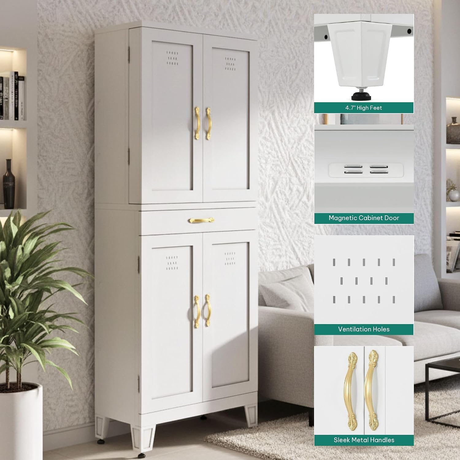 YITAHOME 71' Metal Kitchen Pantry Storage Cabinet with 4 Doors, 4 Adjustable Shelves, 1 Drawer and 8 Door Racks, Tall Freestanding Steel Cupboard for Home Kitchen Living Dining Room, White