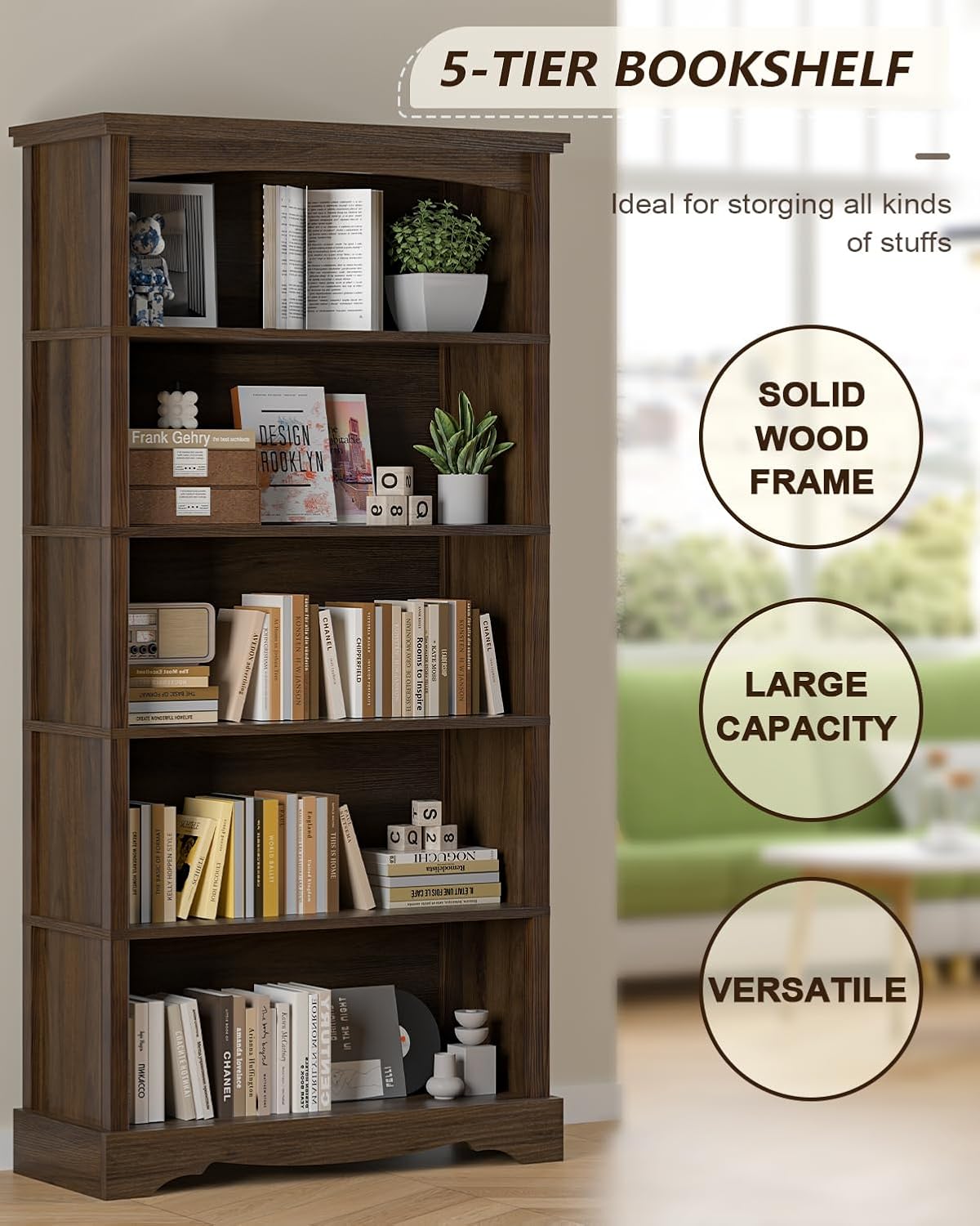 TVU 5-Tier Wooden Bookshelf, 31.5' W x 65' H ×9.9' D Bookshelf with Storage, Floor Standing Modern Style Display Bookcase for Living Room, Office, Study Room, Entryway, Brown