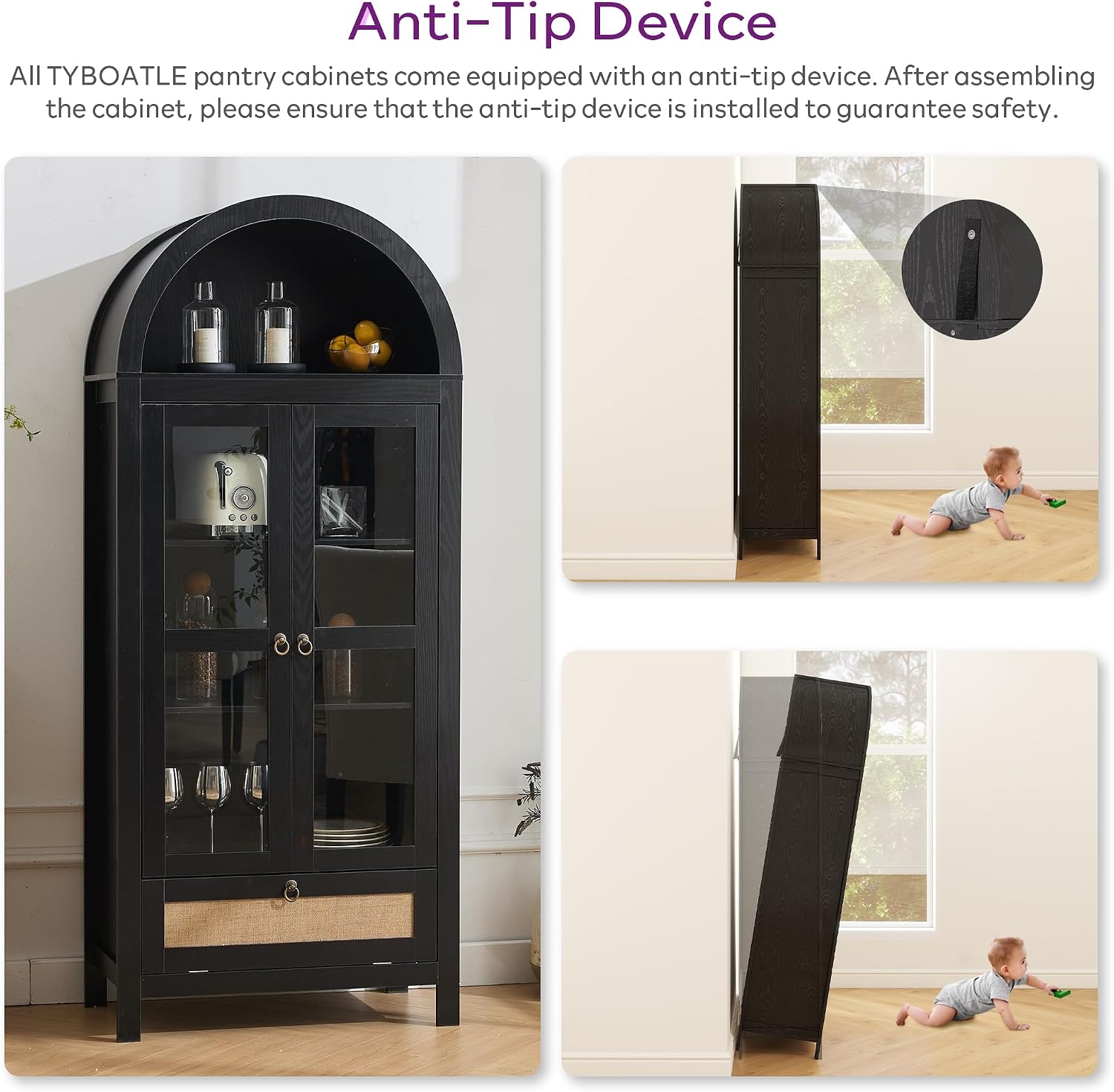 TYBOATLE 71' Tall Arched Pantry Cabinet with Innovative Drawer, Kitchen Cabinet with Anti-Tipping Device and Glass Door, Versatile Cupboard for Kitchen, Dining, Black