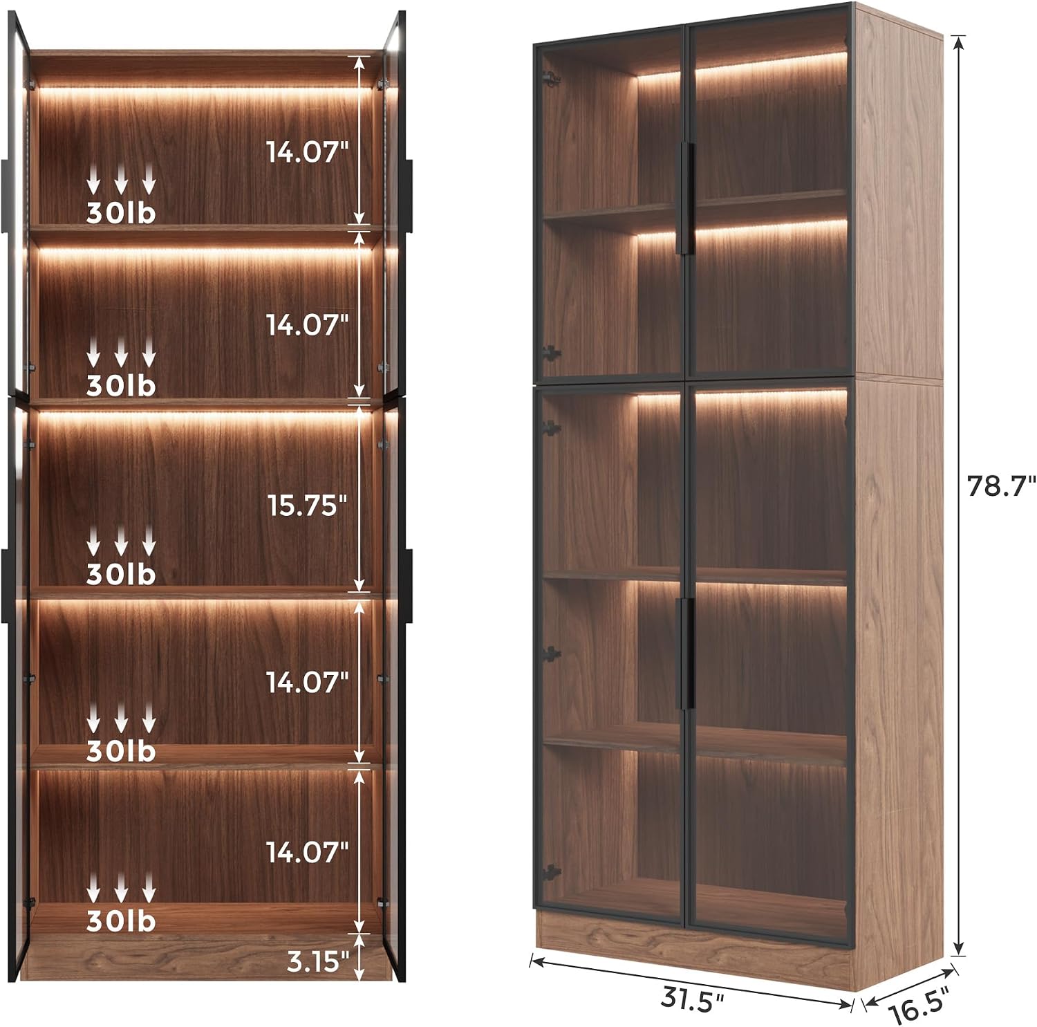 Mekminop Glass Display Cabinet with Lights and Shelves, Modern Display Case Cabinet with Glass Doors and L-Shaped Handle, Freestanding Bookcase for Living Room, Home Office, Walnut