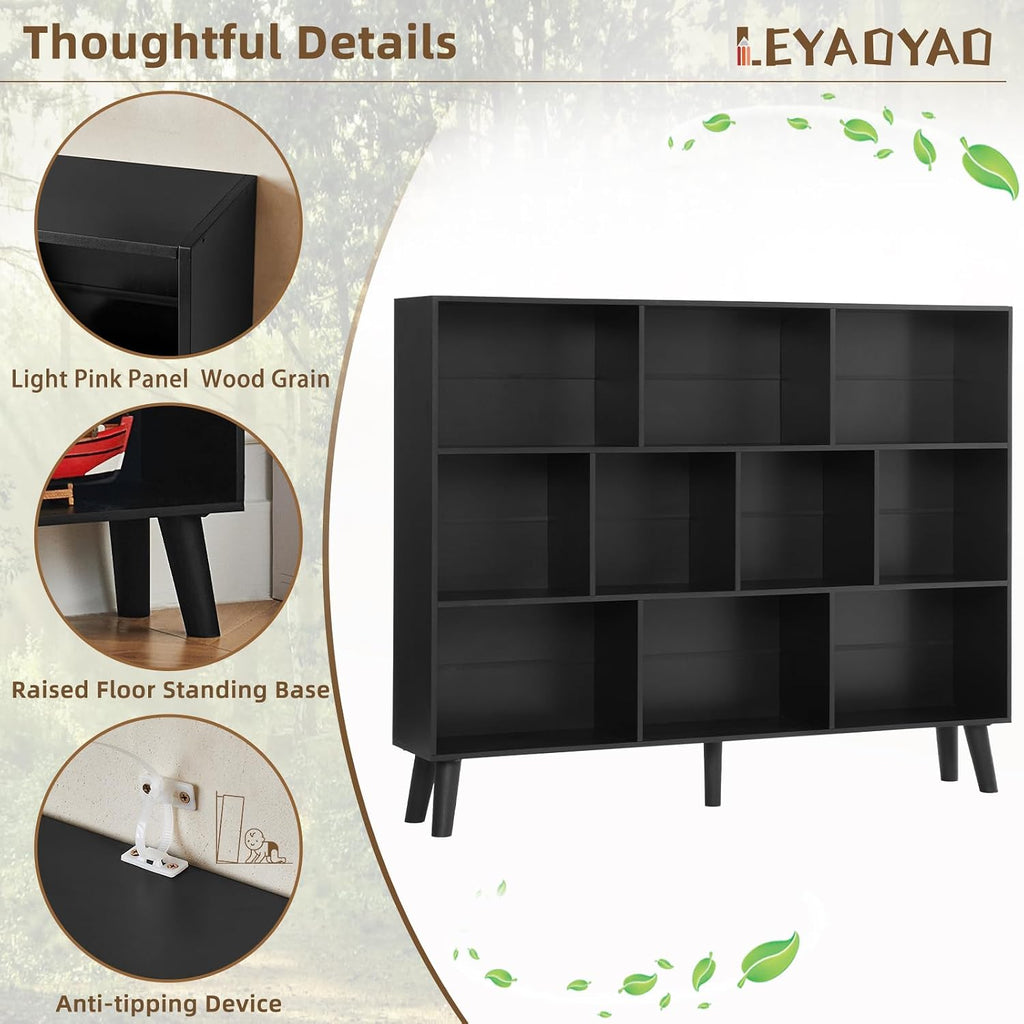LEYAOYAO 10 Cube Bookshelf, 3 Tier Vintage 55' Wide Bookcase with Legs, Mid-Century Wood Bookshelves Storage, Black Large Book Case, Freestanding Organizer Display Shelf for Living Room, Office