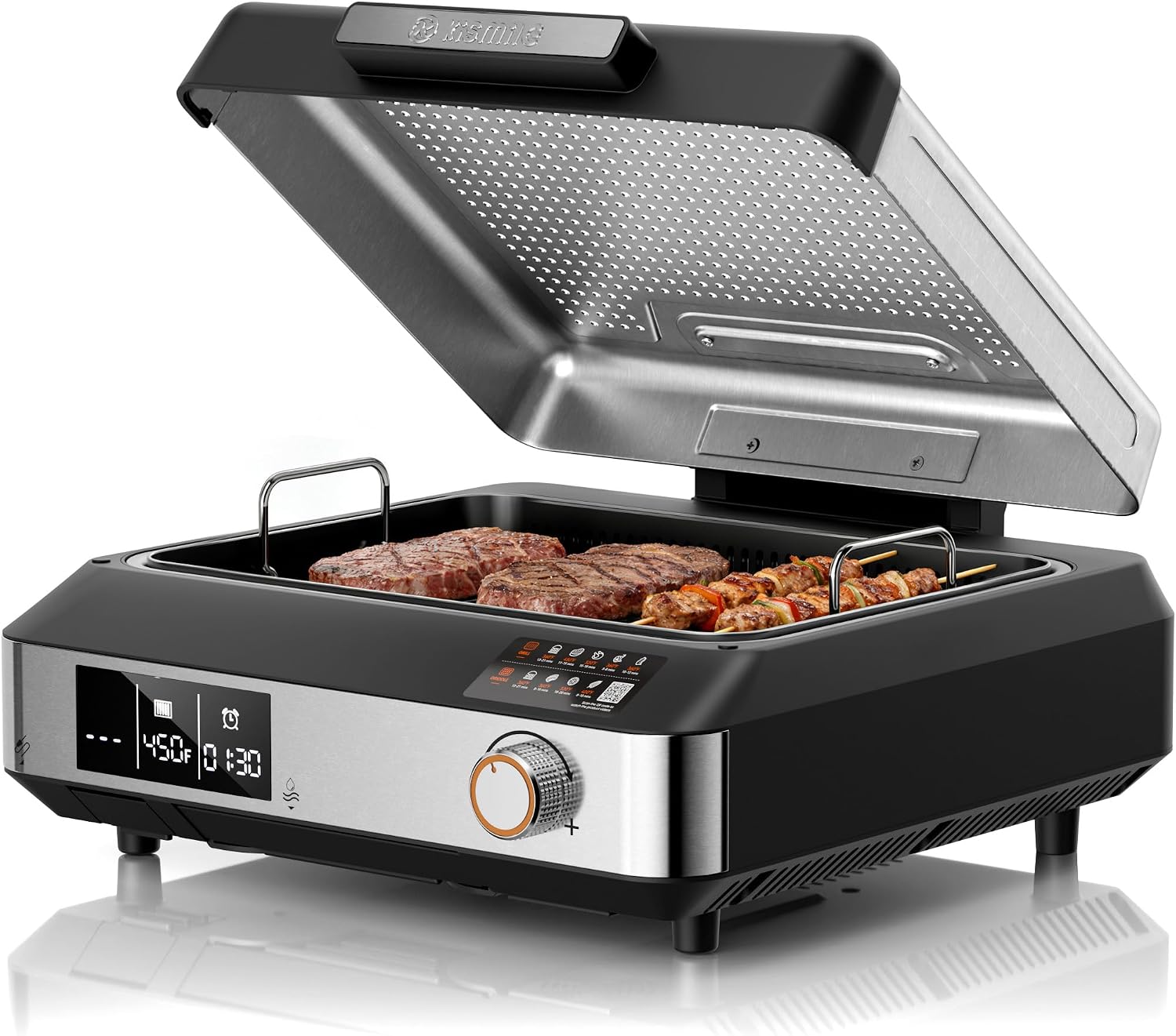 Kismile 2-in-1 Griddle and Indoor Grill,Electric Smokeless Grill with Temperature Probe,Temperature Control & display screen,for Indoor Steaks,Family Cooking(Black)