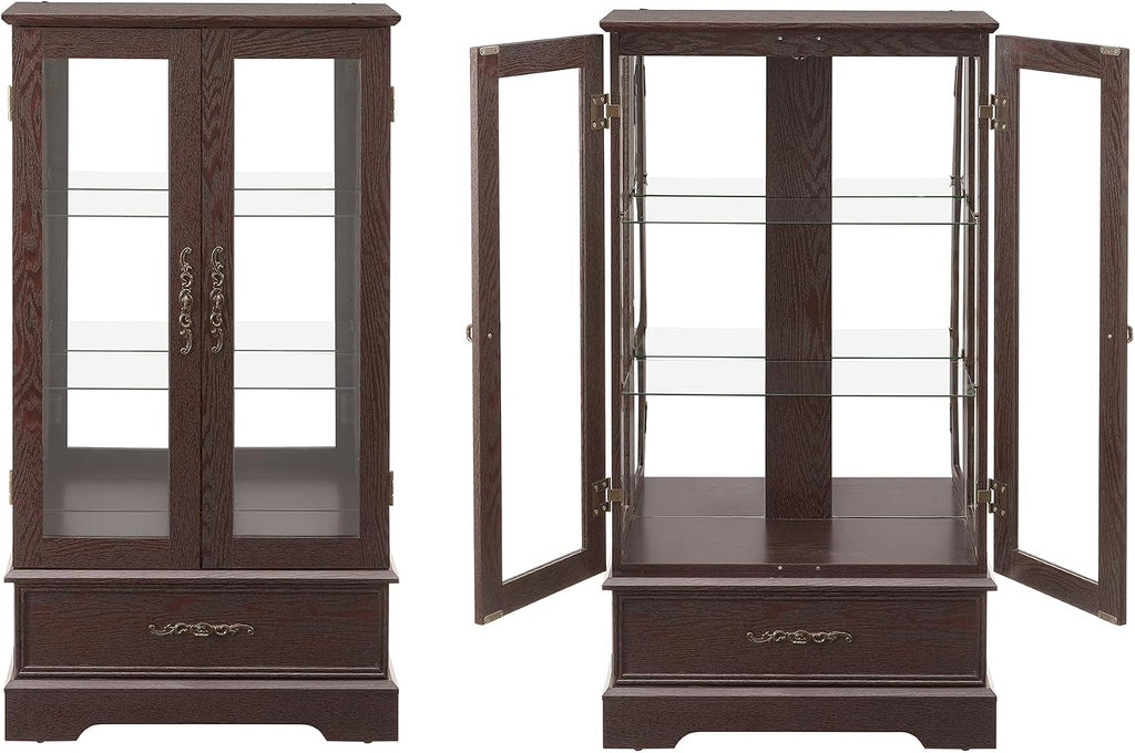 3-Tier Lighted Curio Display Cabinet, 47' H Glass Accent Storage Cabinet with Adjustable Glass Shelves & 1 Drawer, Wooden Wine Display Casewith Mirrored Back Panel for Living Room (Cherry)