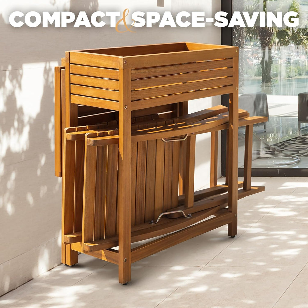 IDZO Natural 3-Piece Bistro Set: Foldable 400lbs Chairs, 220lbs Shelf Table, FSC Acacia Wood, Washable Cushions, Ergonomic Patio Bistro Sets Design