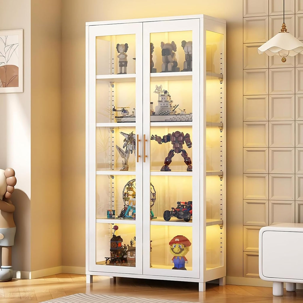 Glass Display Cabinet, 5-Tier Curio Cabinet with Glass Doors, Metal Display Case with Adjustable Shelves, Display Cabinet for Collectibles & Toy Organizer for Home, Office, Playroom, Living Room