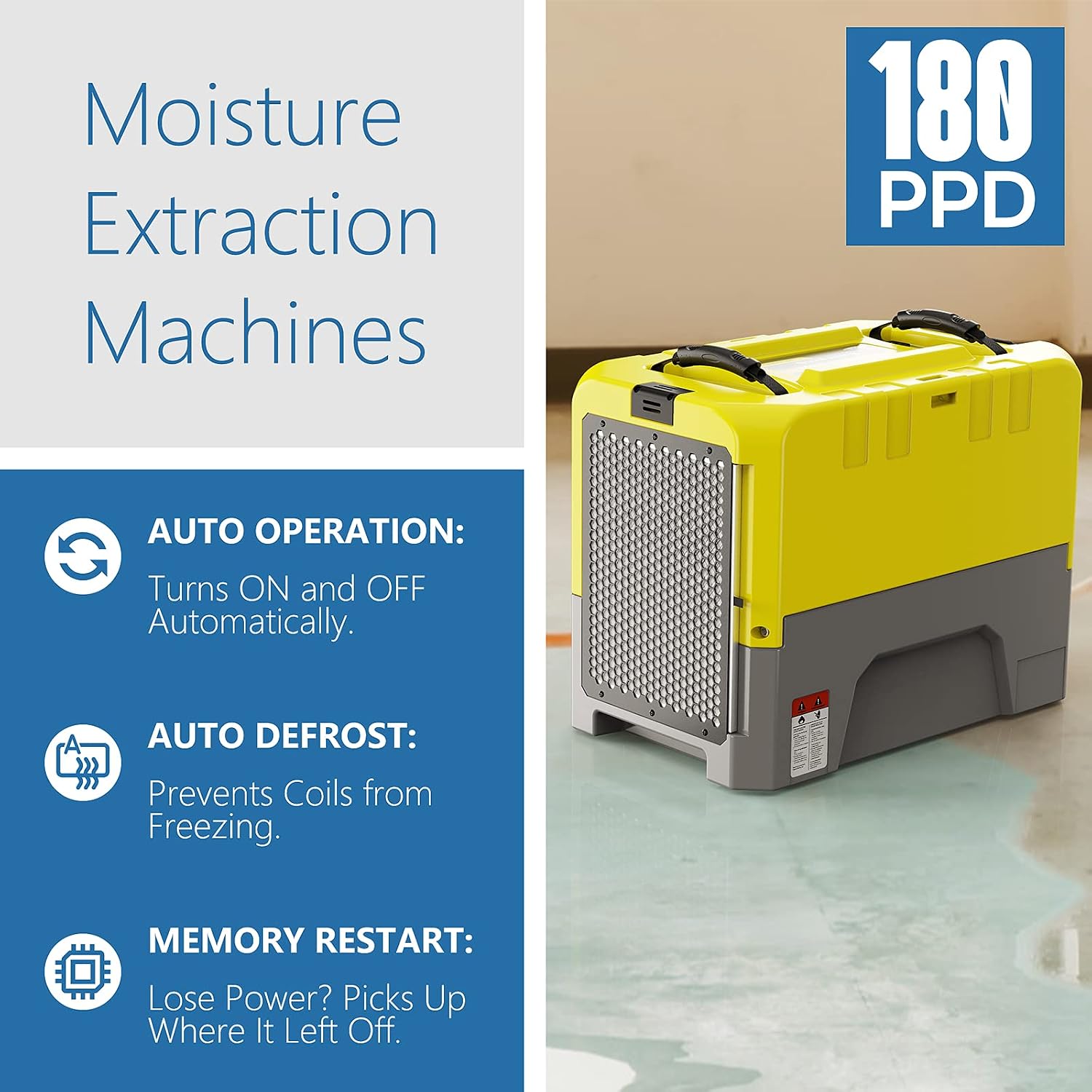 ALORAIR 180 PPD Commercial Dehumidifier with Pump Drain Hose for Basements Warehouse & Job Sites, Large Capacity Crawl Space Dehumidifier for Water Damage Restoration,Yellow(pack of 8)