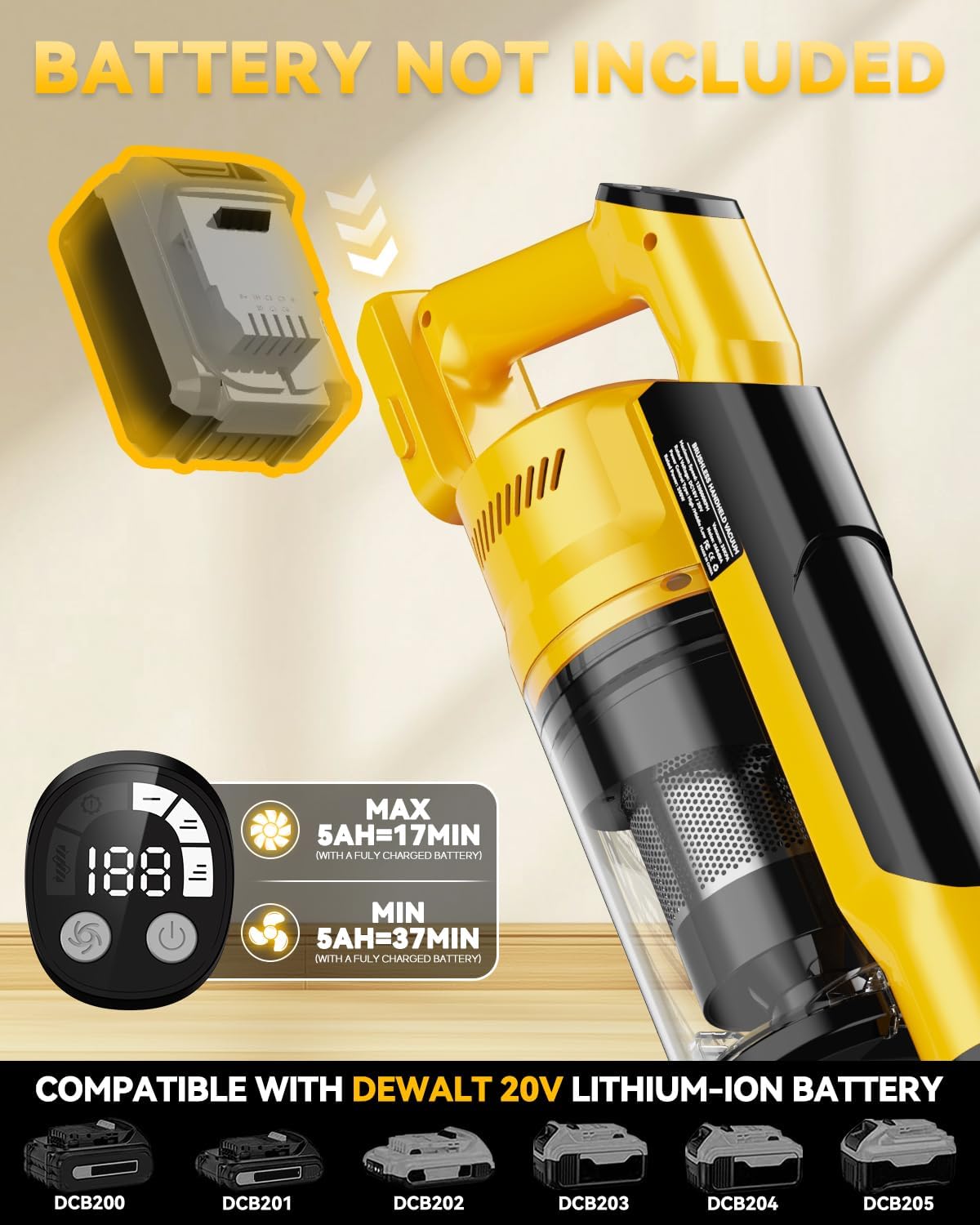 350W Cordless Vacuum Cleaner for Dewalt Battery, 35kPa Brushless Lightweight Stick Vacuum with 3 Mode Suction, 6 in 1 Stick Vacuum Cleaner with HEPA for Floor, Carpet, Car (Battery Not Included)