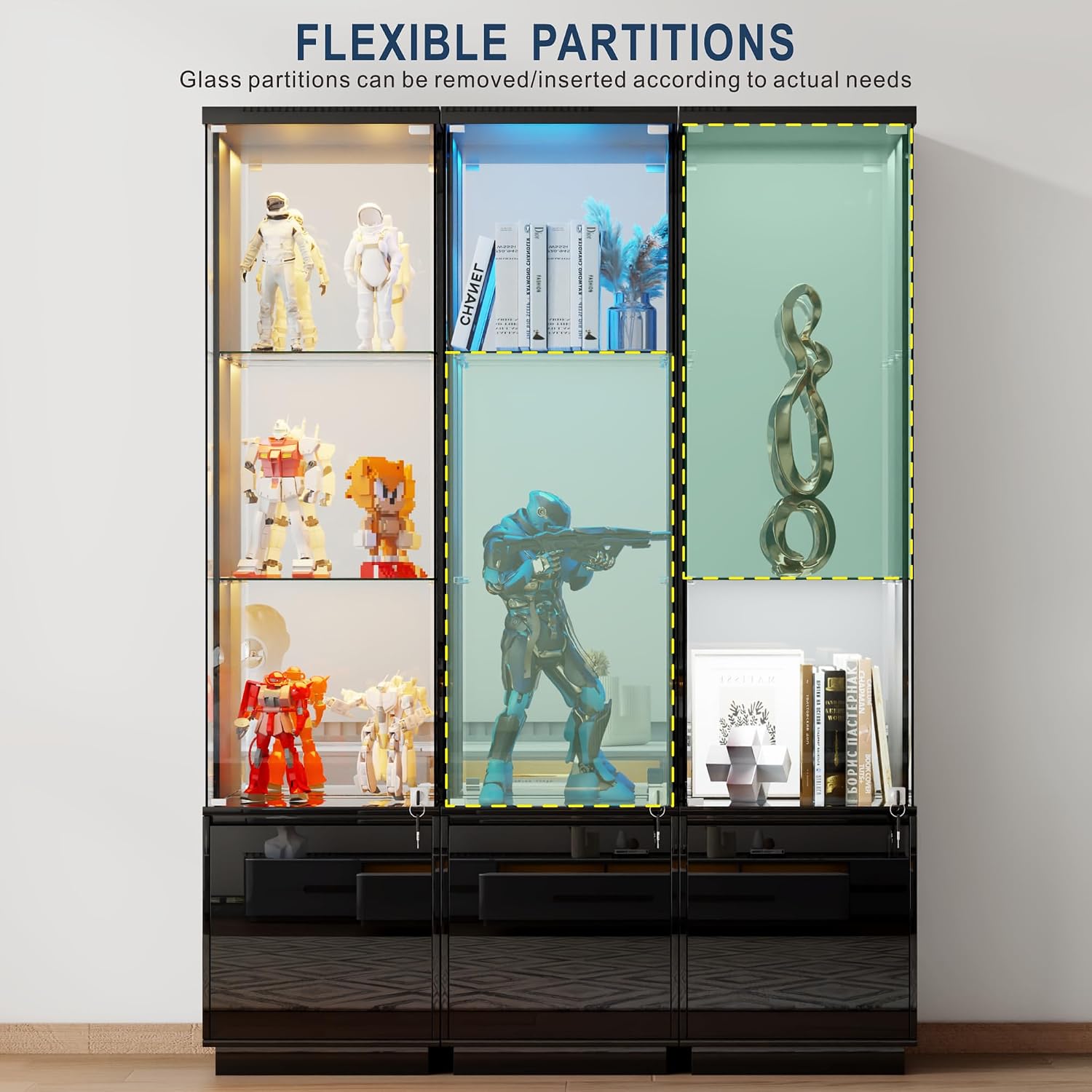 HNEBC Corner Glass Display Cabinet with Lockable&3 Color Lights for Living Room Black, Curio Cabinet with Adjustable Glass Shelf for Liquor Figurine Bookcase for Living Room