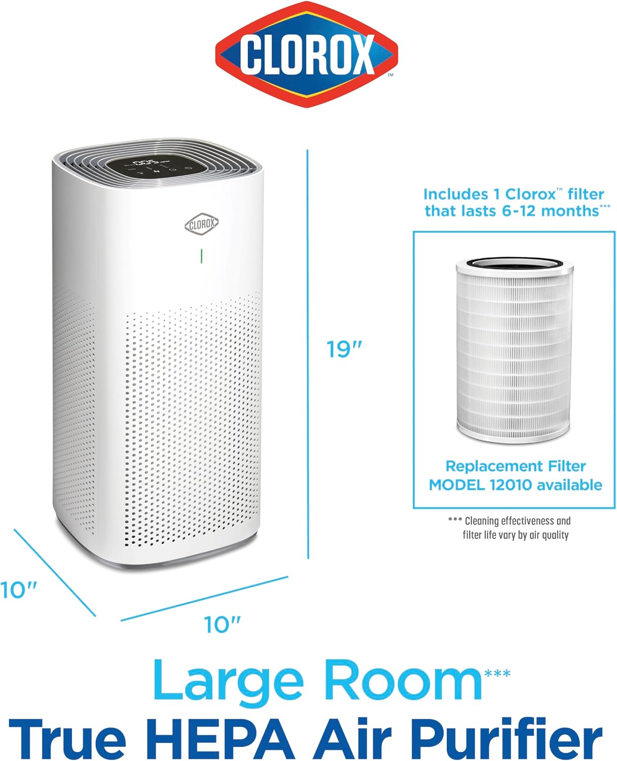 Clorox HEPA Air Purifiers for Home, True HEPA Filter, XL Rooms Up to 2,200 Sq Ft, Removes 99.9% of Mold, Viruses, Wildfire Smoke, Allergens, Pet Allergies, Dust, AUTO Mode, Whisper Quiet