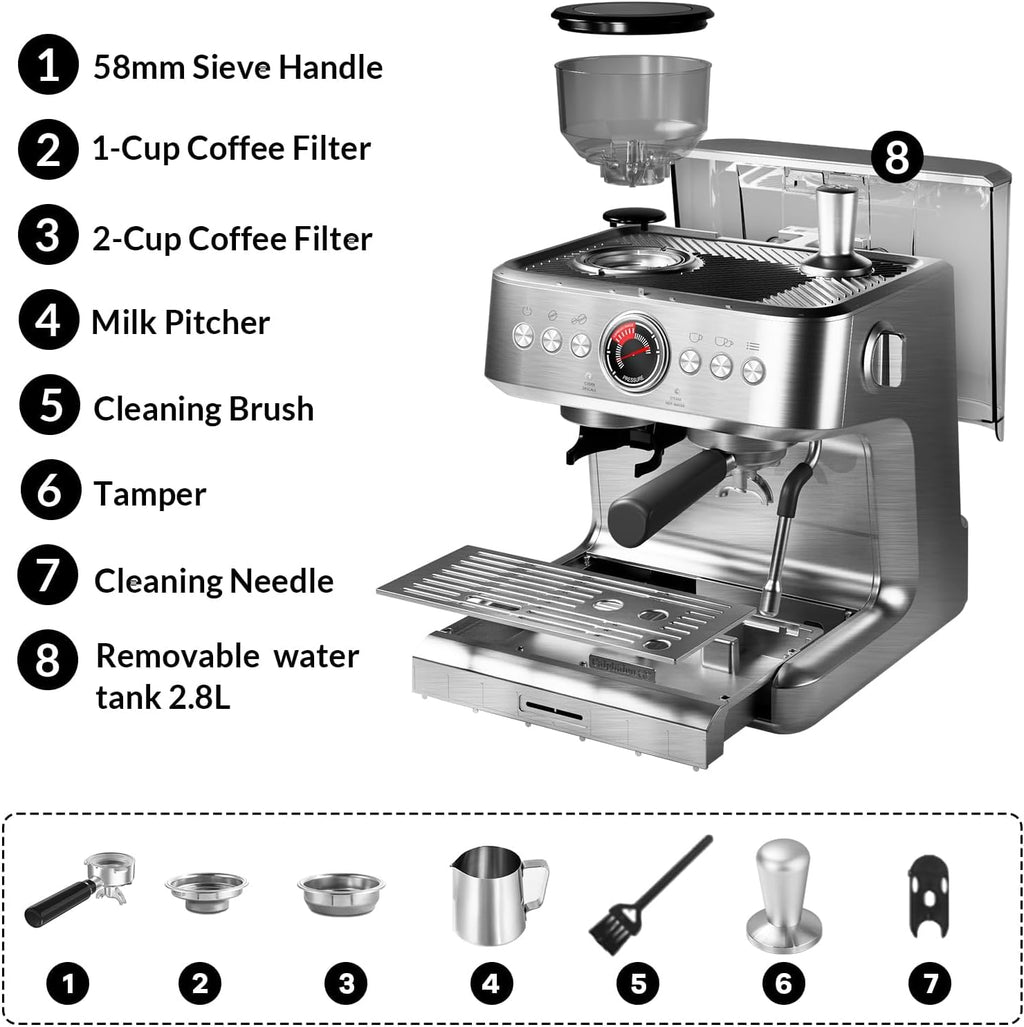 Espresso Machine with Grinder, 20 Bar Semi-Automatic Coffee Maker with Milk Frother Steam Wand, PID Temperature Control, 95 OZ Water Tank, for Cappuccino, Latte, Macchiato, Home Barista, Light Gray