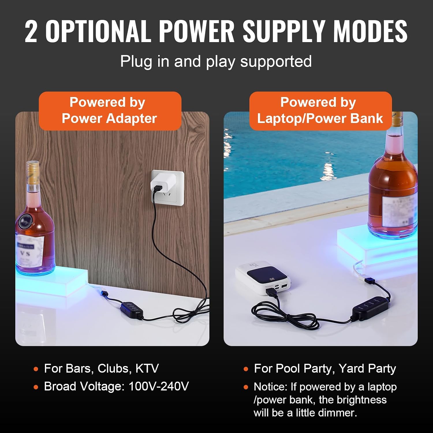VEVOR LED Lighted Liquor Bottle Display, 1 Tier 24 Inch Wall Mounted Whiskey Rack Stand, 1 Step Commercial Illuminated Home Bar Shelf, Acrylic Drinks Light Shelves with RF Remote & App Control