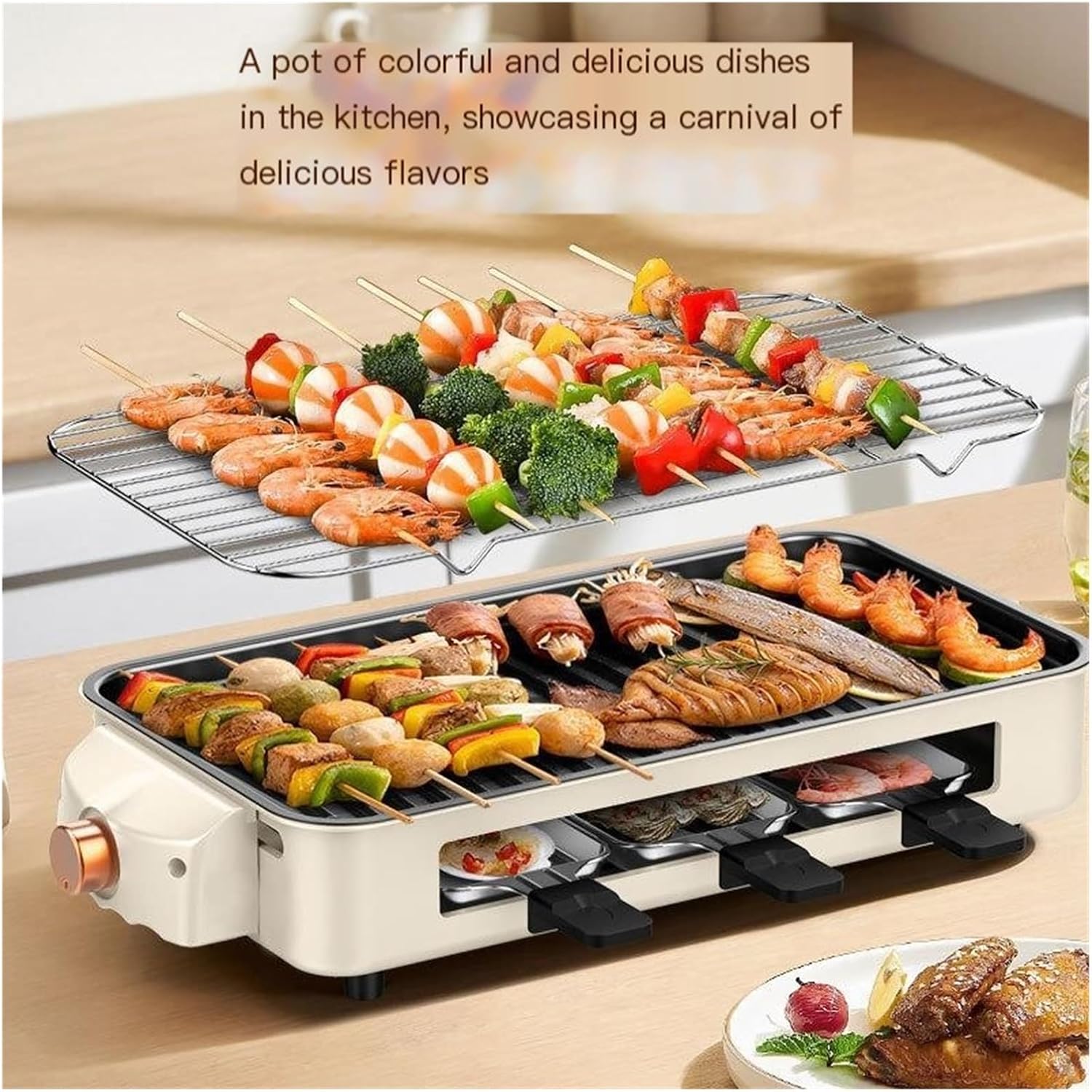2-in-1 Electric Indoor Grill for Kitchen Use, Large Non-Stick Grill Pan with Removable Plates, Multi-Functional for Grilling, Baking, and Frying