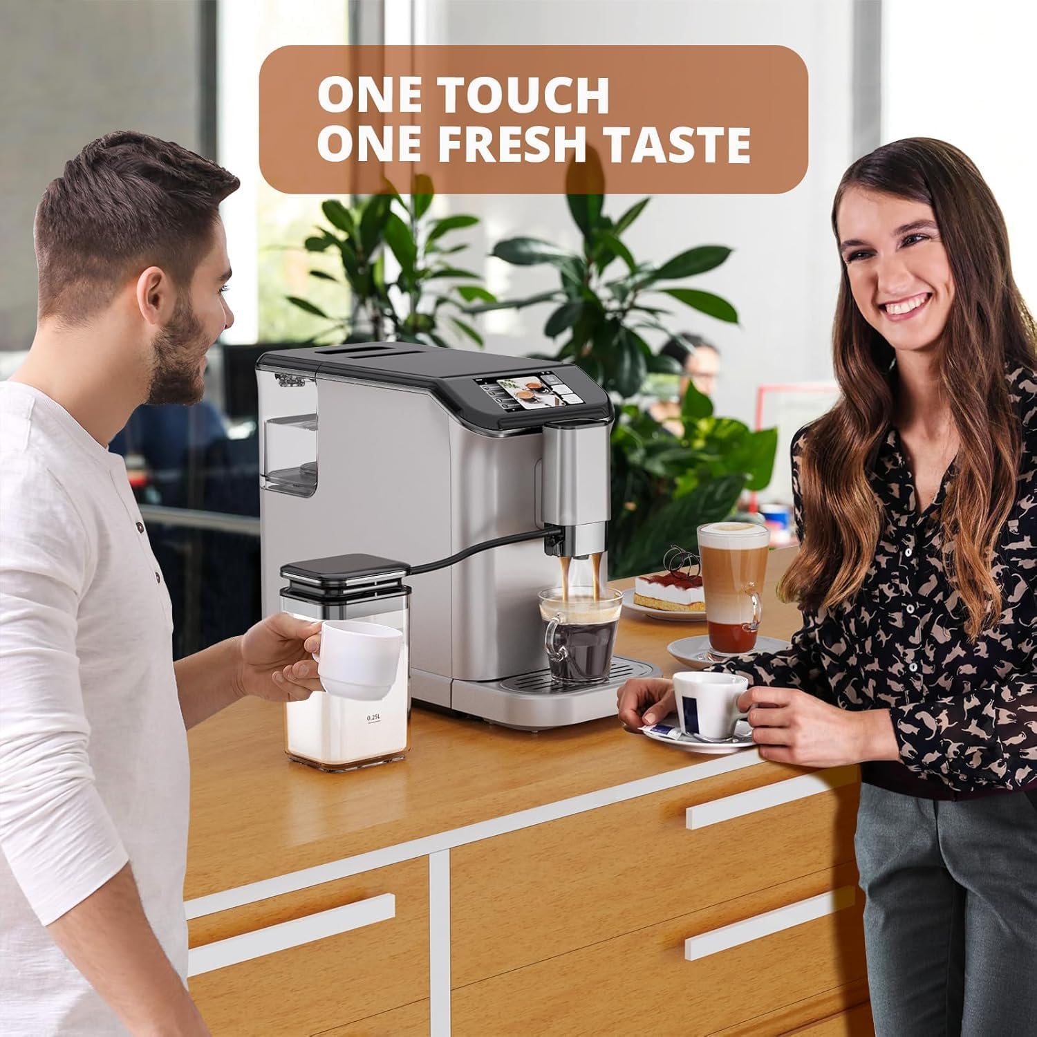 Fully Automatic Espresso Coffee Machine with Milk Frother, 20 Bar Pressure, 15 Adjustable Grind Levels, TFT Touchscreen, 8-In-1 Cappuccino Latte Maker, Removable Water Tank
