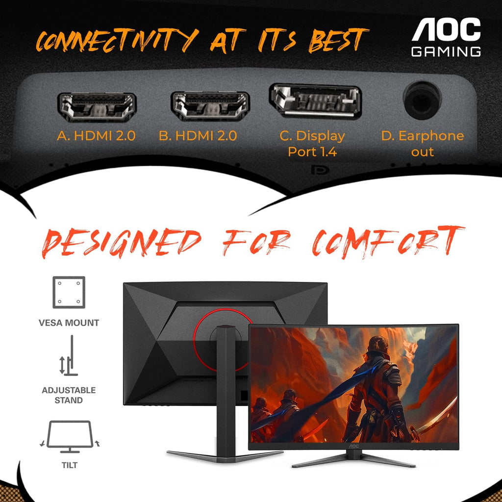 AOC C27G4H2 27' Curved Gaming Monitor, FHD 1920x1080, 1500R, 200Hz Refresh Rate, 0.3ms Response Time, Height Adjustable, Black, Xbox PS5 Switch Compatible