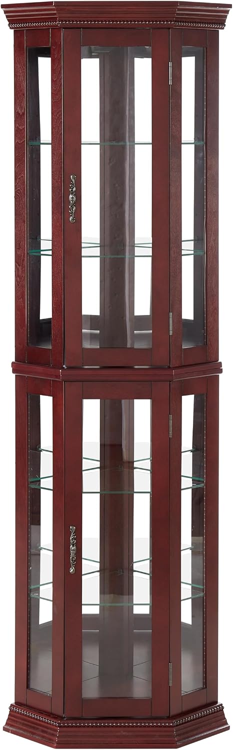 70' Tempered Glass Adjustable Showcase Cabinet, Lego Display Case with Mirrored Back & Beading, Lego Display Shelves with Built-in Lights & Handles for Home Living Room Corner, Cherry