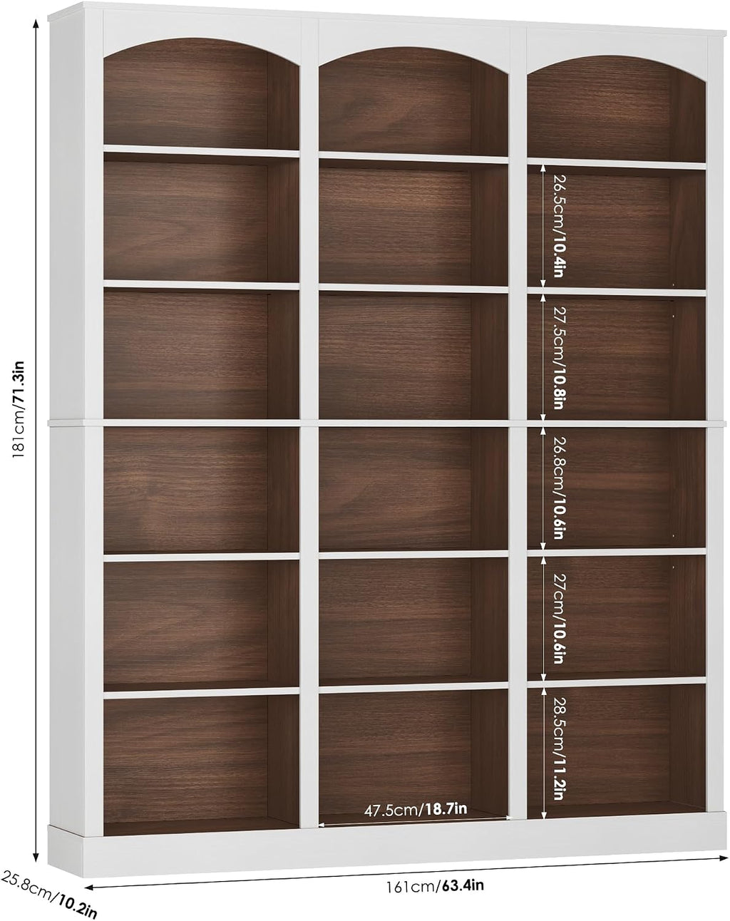 FACBOTALL 71' Triple Wide Bookshelf, 6 Tier Tall Bookshelf, Large Bookcase with Curved Baffle, 63.4' Wide Book Shelf with 18 Open Display Shelves for Living Room, Study, Walnut and White