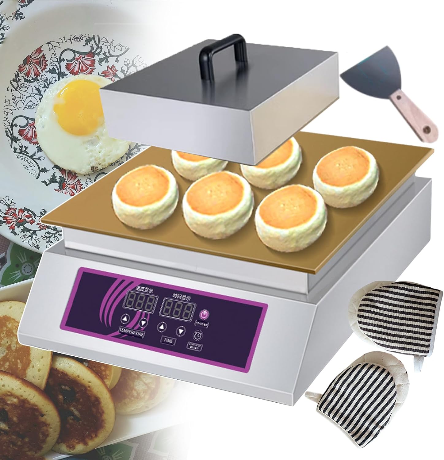 Nonstick Machine Pancake Maker | Electric Contact Grill with Lid, Scoop and Gloves | Countertop Bread Maker for Commercial, 1300w,