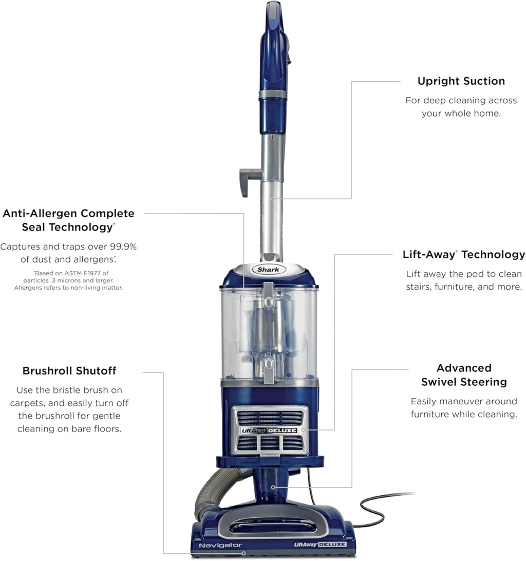 Shark Upright Vacuum, Navigator Lift-Away Deluxe with Large Dust Cup Capacity, HEPA Filter, Swivel Steering, Upholstery Tool & Crevice Tool, Blue, NV360