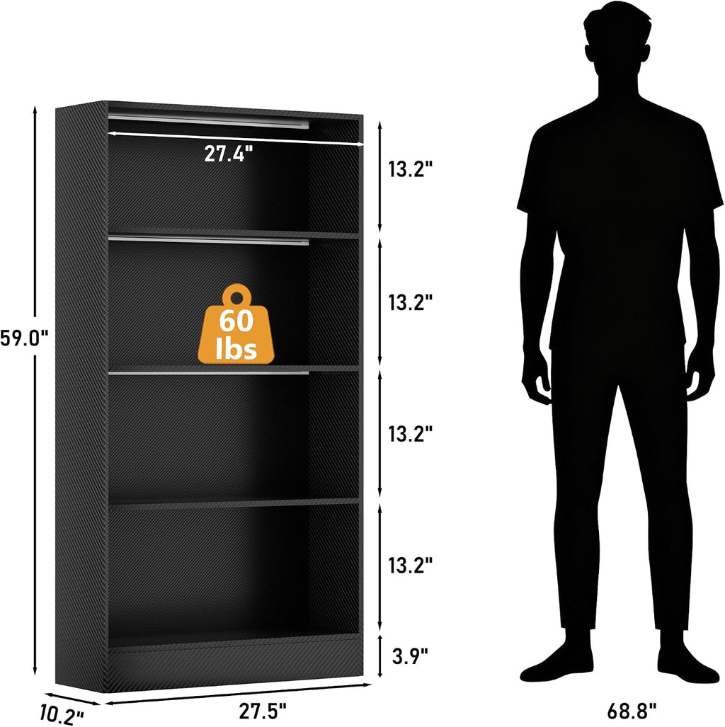 CODACE Tall Wooden Black Bookshelf - Display Shelf with LED Lights, Lighted Book Shelf with 4-Tier Shelves,Large Display Bookshelves for Collectibles, Modern Bookcase for Bedroom, Living Room, Office
