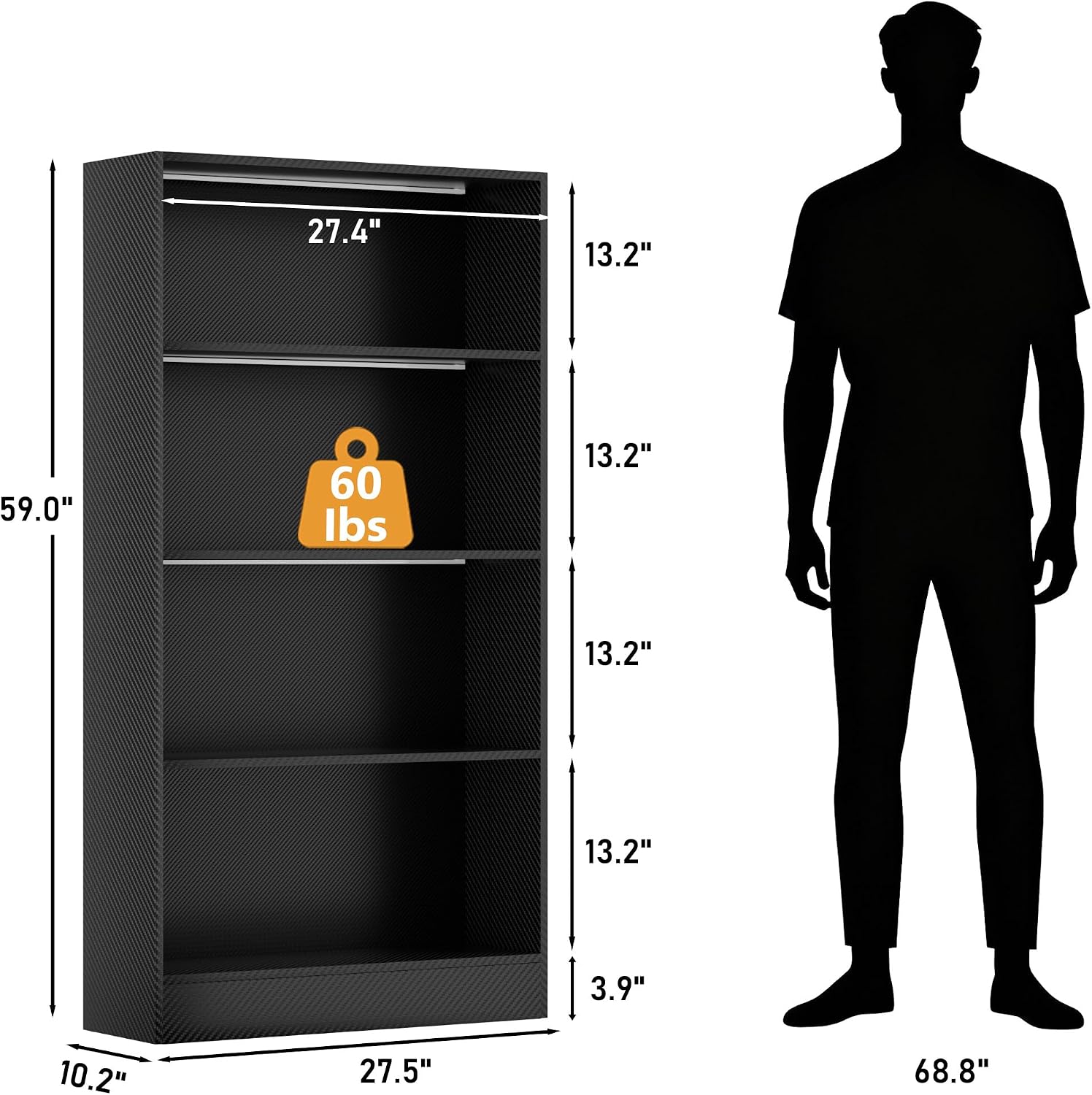 CODACE Tall Wooden Black Bookshelf - Display Shelf with LED Lights, Lighted Book Shelf with 4-Tier Shelves,Large Display Bookshelves for Collectibles, Modern Bookcase for Bedroom, Living Room, Office