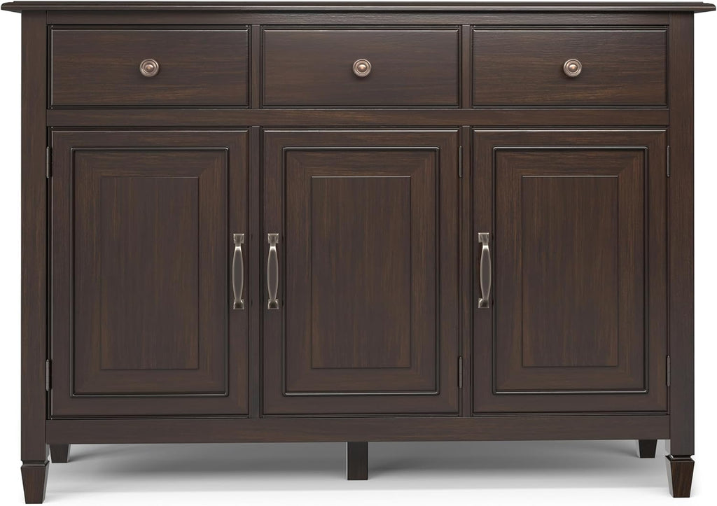 SIMPLIHOME Connaught 51-inch Wide Solid Wood Storage Cabinet in Chestnut Brown for the Entryway, Mudroom, 3 Drawers and Adjustable Shelves, Traditional Style, Space-Saving Design