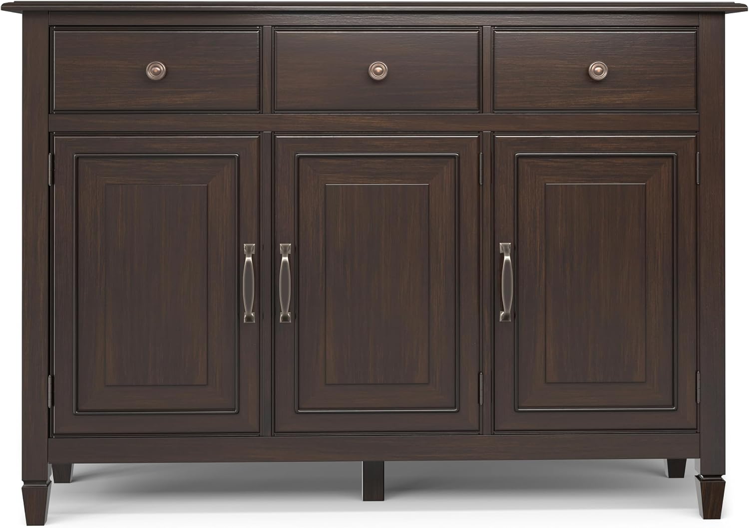SIMPLIHOME Connaught 51-inch Wide Solid Wood Storage Cabinet in Chestnut Brown for the Entryway, Mudroom, 3 Drawers and Adjustable Shelves, Traditional Style, Space-Saving Design
