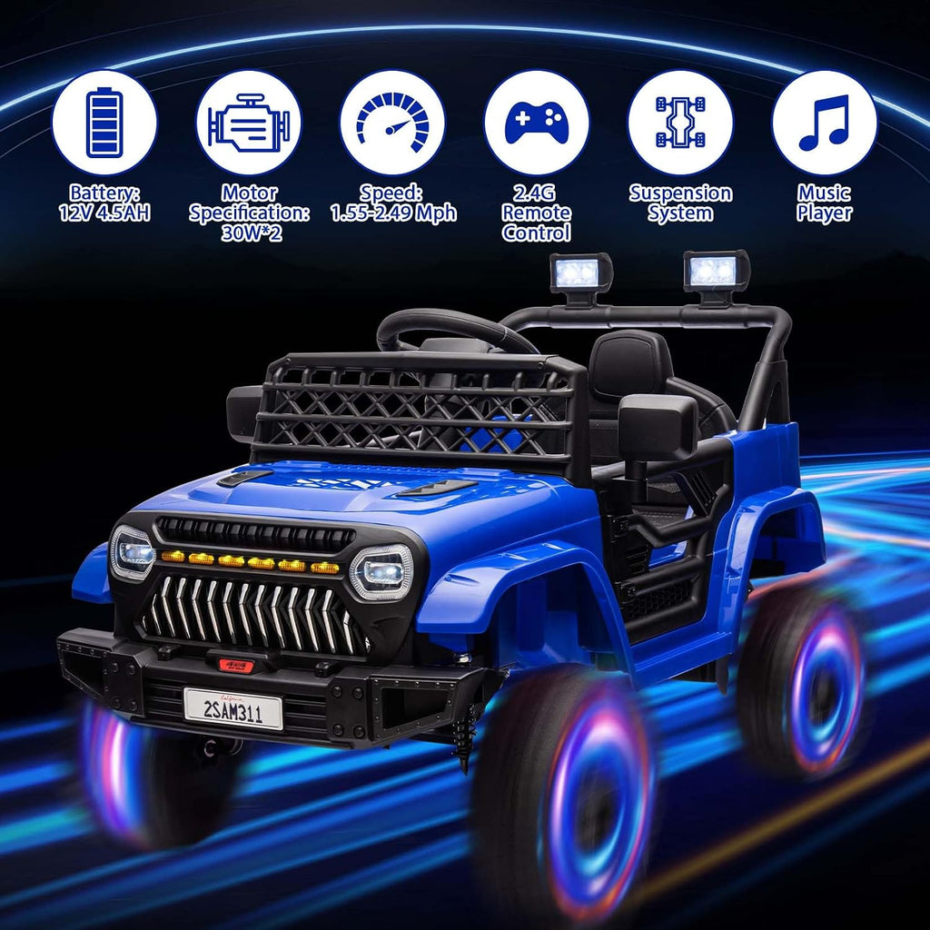12V Ride On Car for Kids Electric Vehicle Toddlers Battery Powered Truck Car Toy with Remote Control, 4-Wheel Suspension, Battery Display, LED Lights, Music, for Boys Girls, Dark Blue