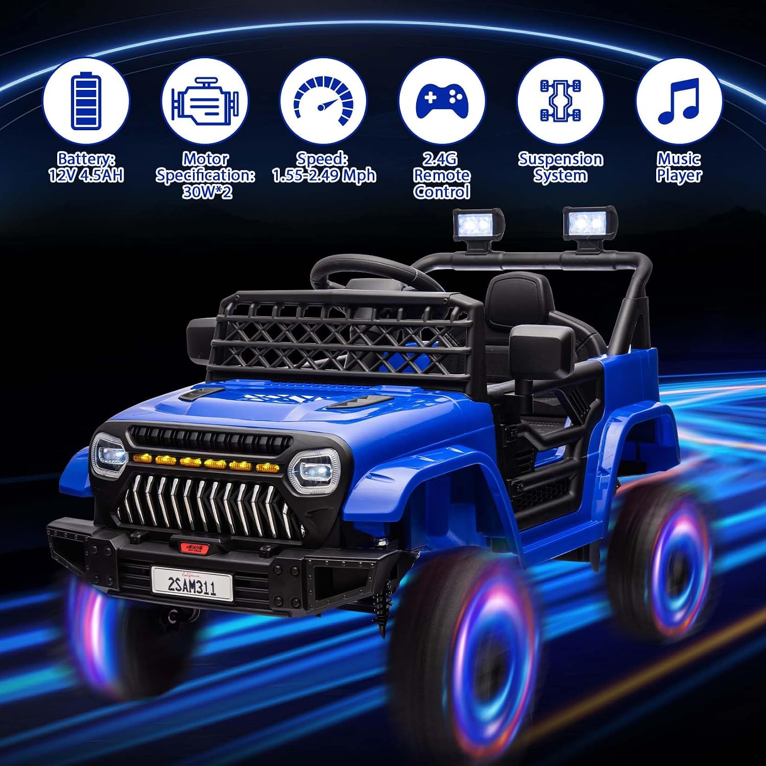 12V Ride On Car for Kids Electric Vehicle Toddlers Battery Powered Truck Car Toy with Remote Control, 4-Wheel Suspension, Battery Display, LED Lights, Music, for Boys Girls, Dark Blue