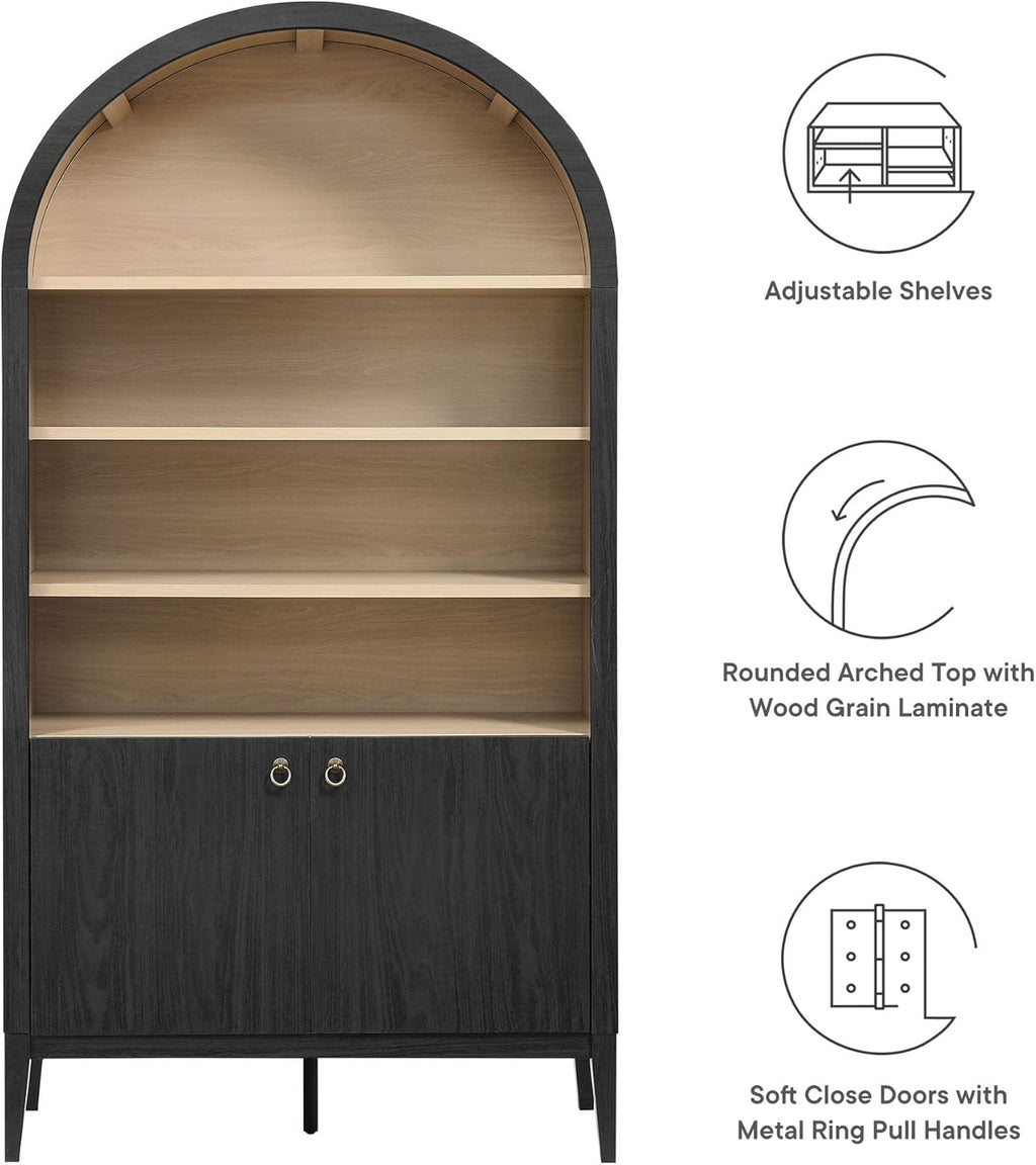 Modway Nolan Tall Arched Storage Display Cabinet in Black - 74 Inch Arch Bookshelf with Open and Closed Shelving - Modern Accent Cabinet for Living Room, Dining Room