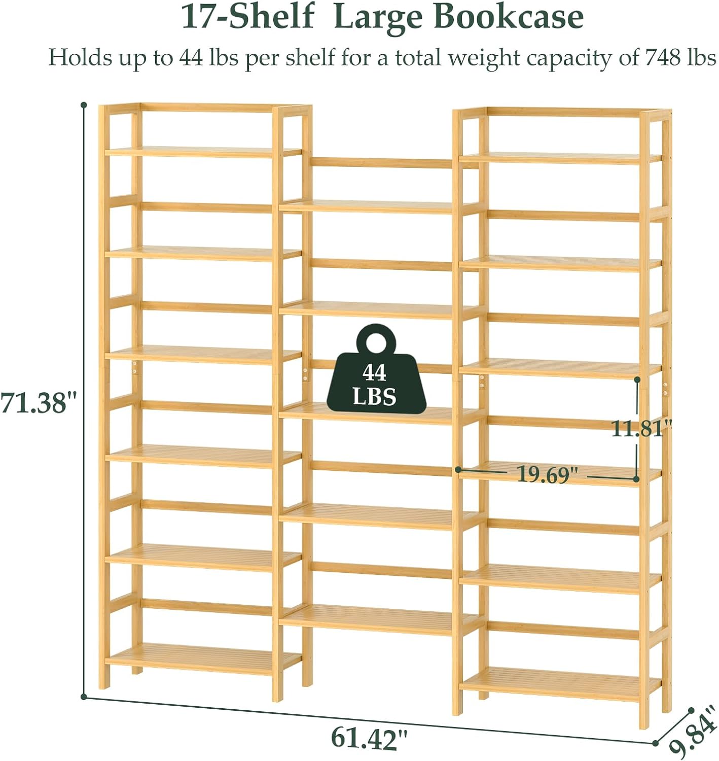 Homykic Bamboo Bookshelf, 71' Tall Triple Wide Bookcase with 17 Open Storage Shelves, 6-Tier Etagere with Back Rails, Large Display Shelf for Books, Plants, Home Office, Living Room, Max Load 748LBS