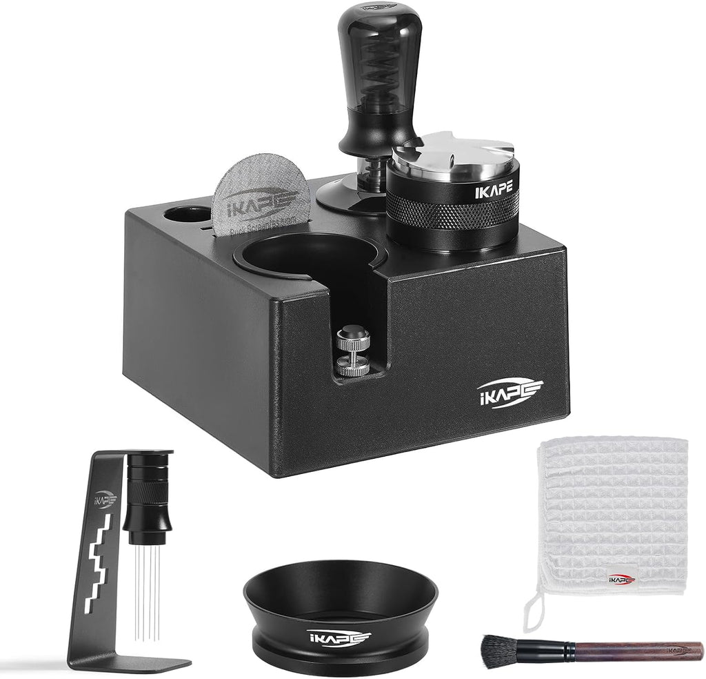 IKAPE 51MM Black Espresso Tool Set 8 IN 1, Coffee Tamper, Distributor, Magnetic Funnel, Puck Screen, Tamper Station, Stirrer Distribution Tool, Cleaning Towel and Brush