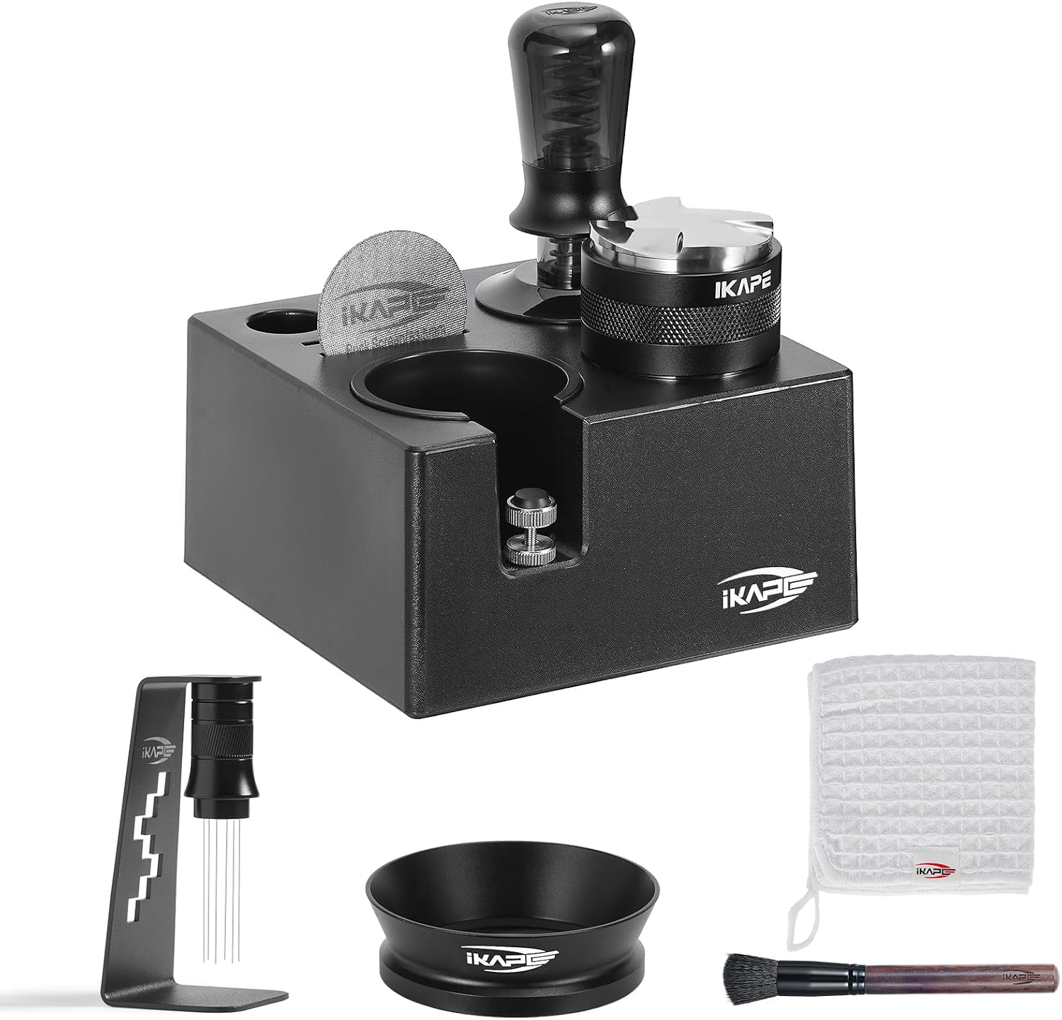 IKAPE 51MM Black Espresso Tool Set 8 IN 1, Coffee Tamper, Distributor, Magnetic Funnel, Puck Screen, Tamper Station, Stirrer Distribution Tool, Cleaning Towel and Brush